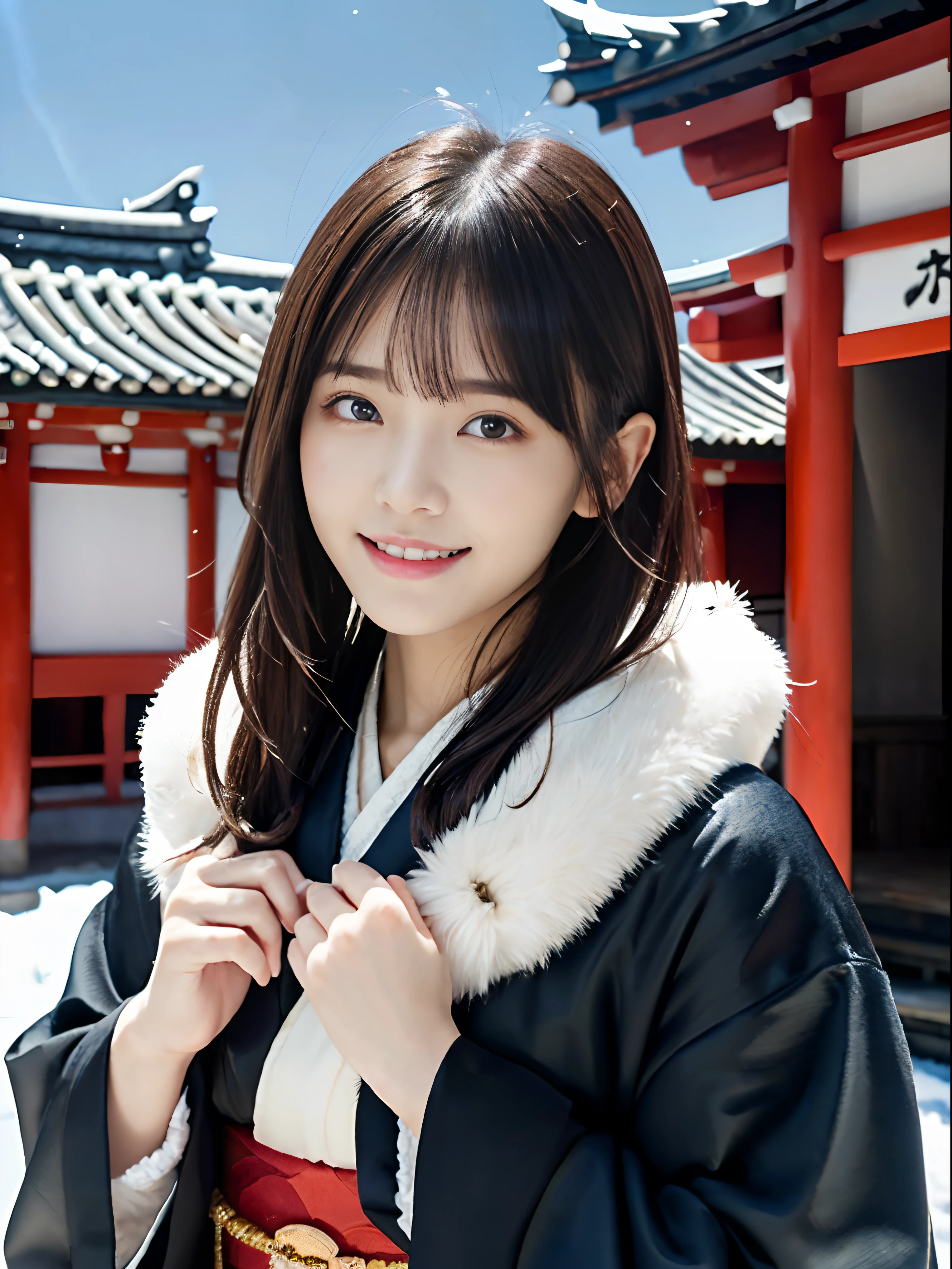 (Close up portrait of girl with dull bangs dumpling hair in beautiful glamorous kimono with long fur scarf:1.5)、(One of the girls enshrining the shrine of Japan with a smile:1.3)、(A shrine in Japan with a winter sky:1.5)、(Perfect Anatomy:1.3)、(No mask:1.3)、(complete fingers:1.3)、Photorealistic、Photography、masutepiece、top-quality、High resolution, delicate and pretty、face perfect、Beautiful detailed eyes、Fair skin、Real Human Skin、pores、((thin legs))、(Dark hair)