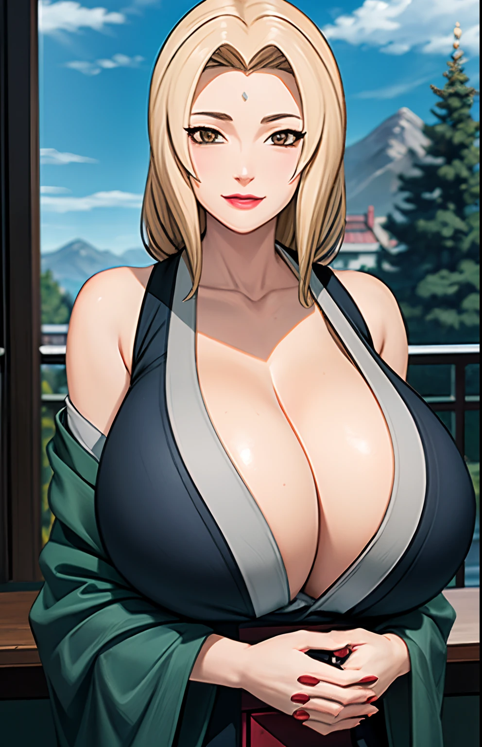 (huge tits), cleavage, good anatomy, masterpiece, best quality, 4k, 8k, professional photography, soft light, sharp focus, 1 girl,  blonde hair, kimono, (mountain), clouds, blonde hair, parted banks, detailed face+brown eyes, smile, closed lips, lipstick, bookshelves,