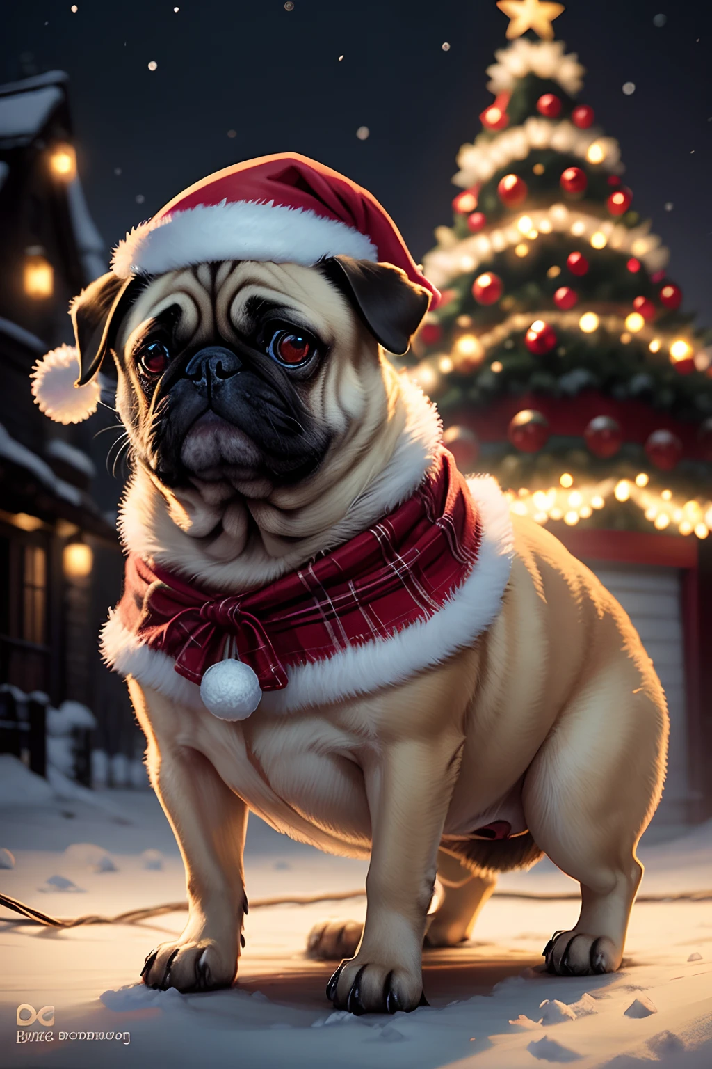 pug dog Christmas, lights, fantasy, digital art