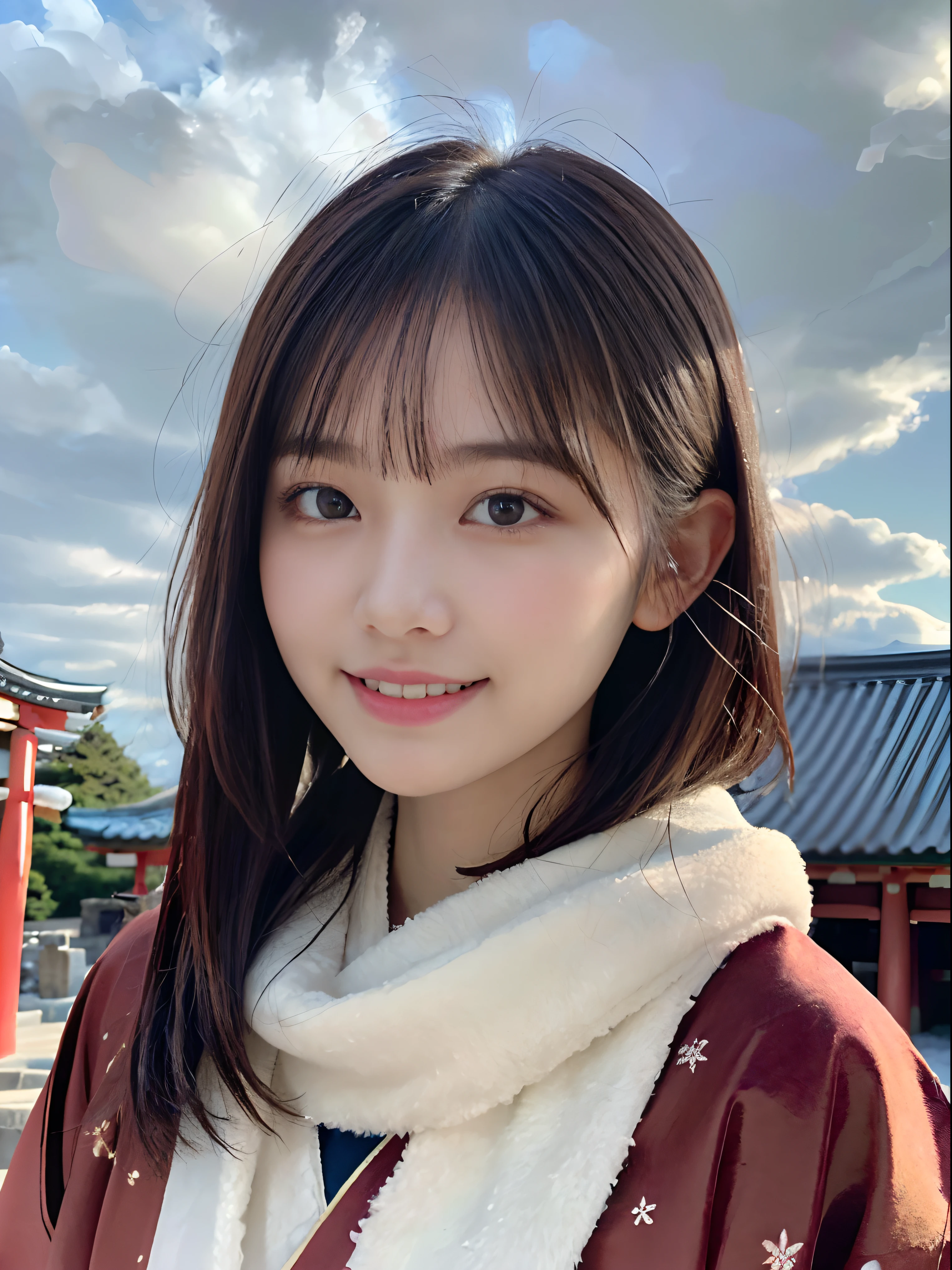 (Close up portrait of girl with dull bangs dumpling hair in beautiful glamorous kimono with long fur scarf:1.5)、(One of the girls enshrining the shrine of Japan with a smile:1.3)、(A shrine in Japan with a winter sky:1.5)、(Perfect Anatomy:1.3)、(No mask:1.3)、(complete fingers:1.3)、Photorealistic、Photography、masutepiece、top-quality、High resolution, delicate and pretty、face perfect、Beautiful detailed eyes、Fair skin、Real Human Skin、pores、((thin legs))、(Dark hair)