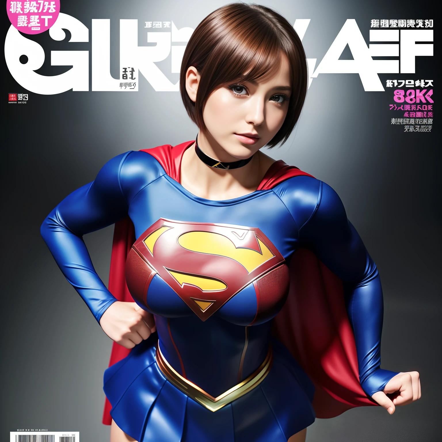 (Best Quality,4K,8K,hight resolution,masutepiece:1.2),Ultra-detailed,Realistic:1.37,Super masterpiece,Short-haired Supergirl、large full breasts、Looking at the camera、Glossy costume、a choker、Too short miniskirt、Magazine covers、Weekly Magazine