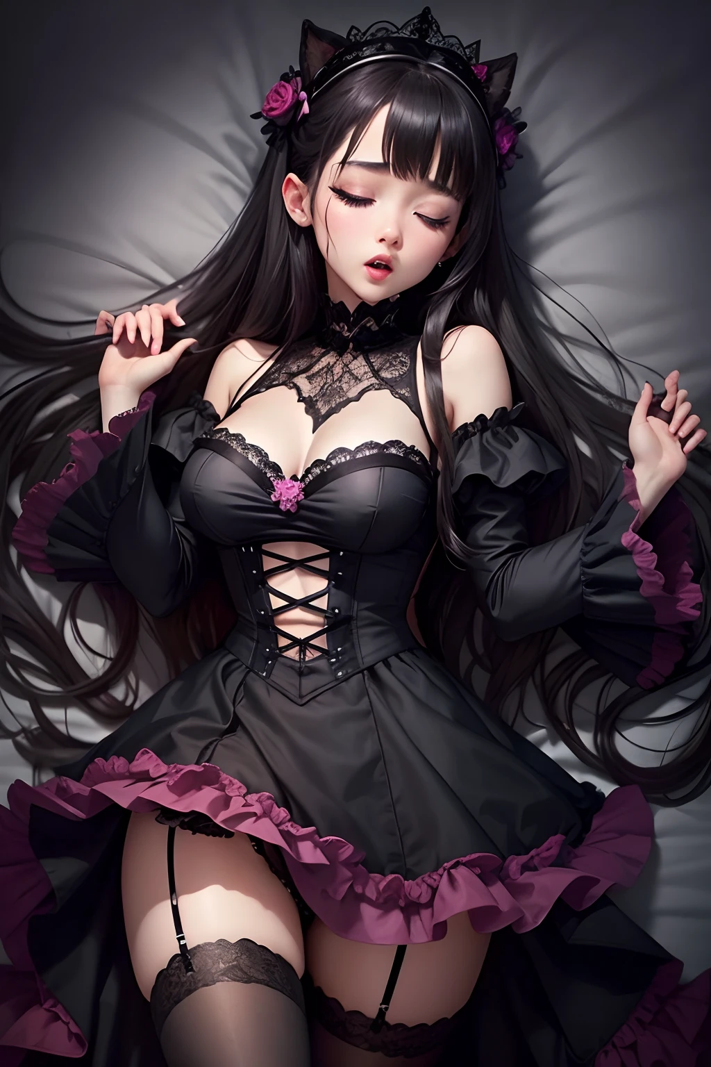 A sexy、Glamour、Gothic ta、garterbelts、knee high socks、Beautie、Beautiful shape、boredom、Fornication、Hard Dark Gothic Makeup、bell sleeves、Wizard Sleeve、maid clothes、Dark Gothic、Longer dress、Black Dark Eyeshadow、Lace pink、Long hair straight hair、Dark Gothic Makeup、pleasured expression、18year old、Lying、seductiv、Strong sexual pleasure、Sleep with your eyes closed、chies、wretched、The face is cute、Open mouth、Put out the velo、