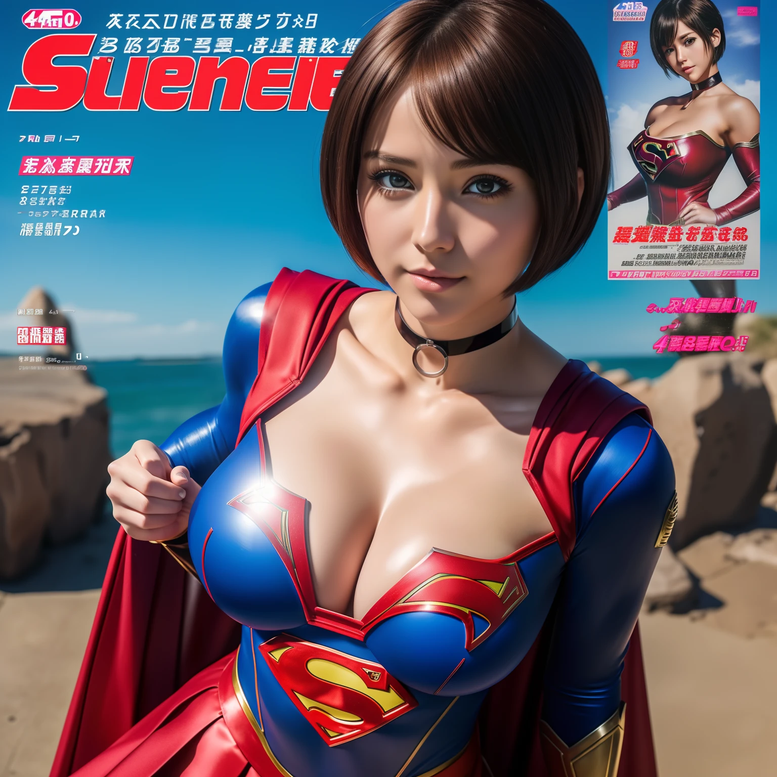 (Best Quality,4K,8K,hight resolution,masutepiece:1.2),Ultra-detailed,Realistic:1.37,Super masterpiece,Short-haired Supergirl、large full breasts、Looking at the camera、Glossy costume、a choker、Too short miniskirt、Magazine covers、photo book