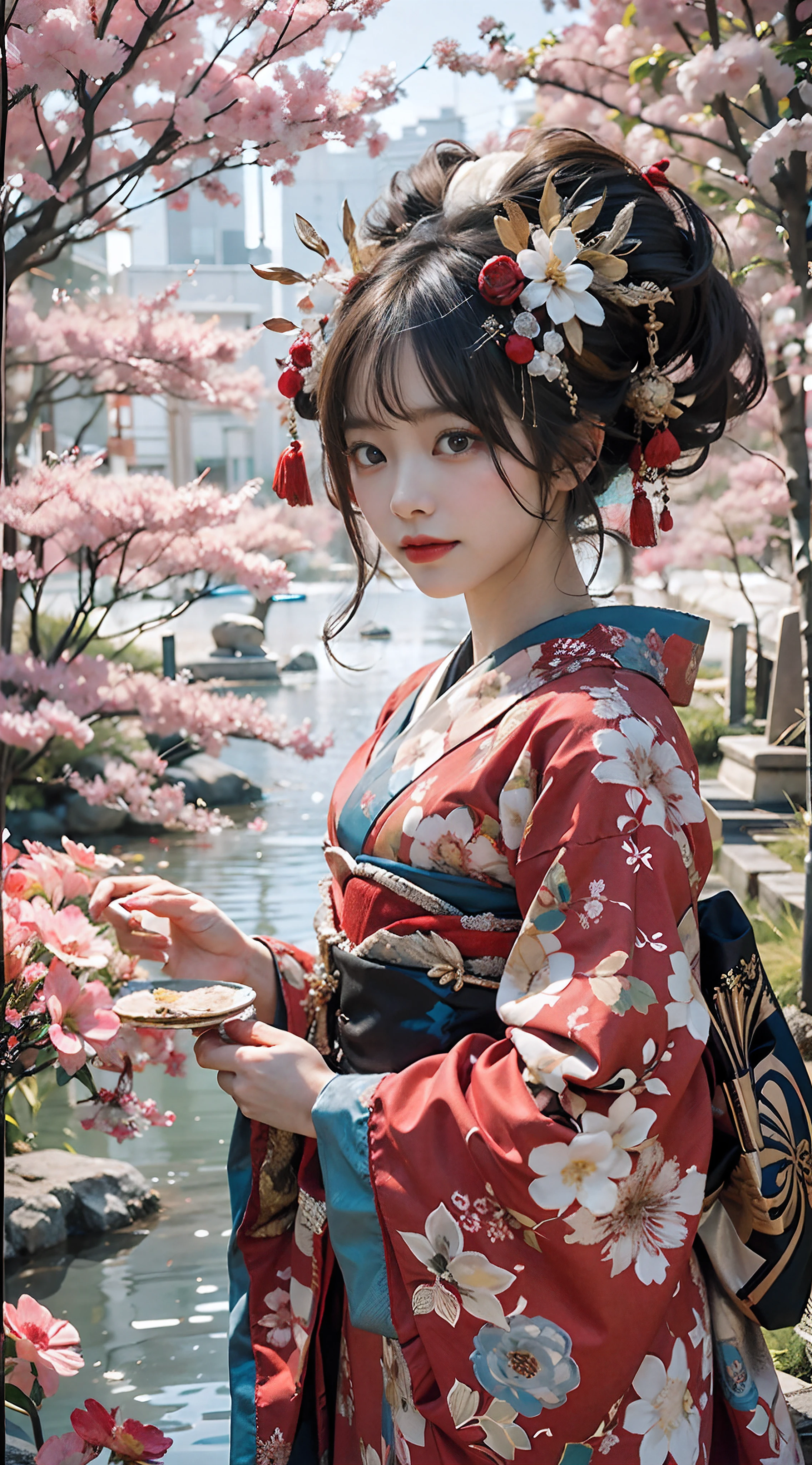 In a futuristic scene, Geisha in Japan with mechanical reinforcement、Elegant in elaborate gardens. She has beautifully detailed eyes and lips that complement her face. Geishas wear traditional kimonos with intricate patterns and designs. Around her are bright cherry trees and a quiet carp pond. The scene is painted with a blend of illustration and photorealism, Ultra-detailed brush strokes and clarity, Vivid colors. Lighting emphasizes the elegant features of the geisha, Gives her porcelain skin a soft glow. Artwork is of the highest quality, 4K or 8K resolution, Showcase the intricate details of geisha attire, cherry trees, And the shimmering scales of carp. The overall color scheme is、It is a combination of traditional shades of Japan, Crimson, etc., blacks, and subtle gold accents, With a futuristic twist. The fusion of ancient traditions and modern technology is、Create captivating and visually striking masterpieces.