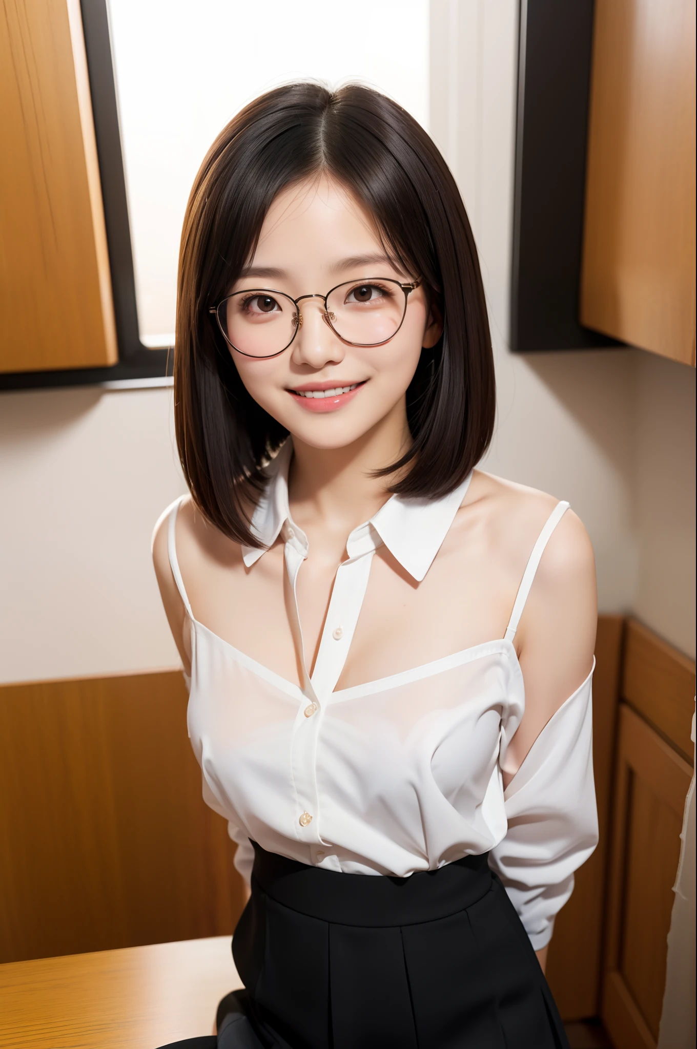 (masutepiece, Best Quality, Capture super cute moments, depth of fields, ultra-detailliert, Ultra High Resolution, C4D, Octadale, 3D Modeling, 8K, 16 K, one girls、a junior high school student、A dark-haired、short-hair、straight haired、Light brown eyes,hair adornments、wearing black glasses、A smile)、Slender body、small tits、Officelady、Blouse、tight skirts