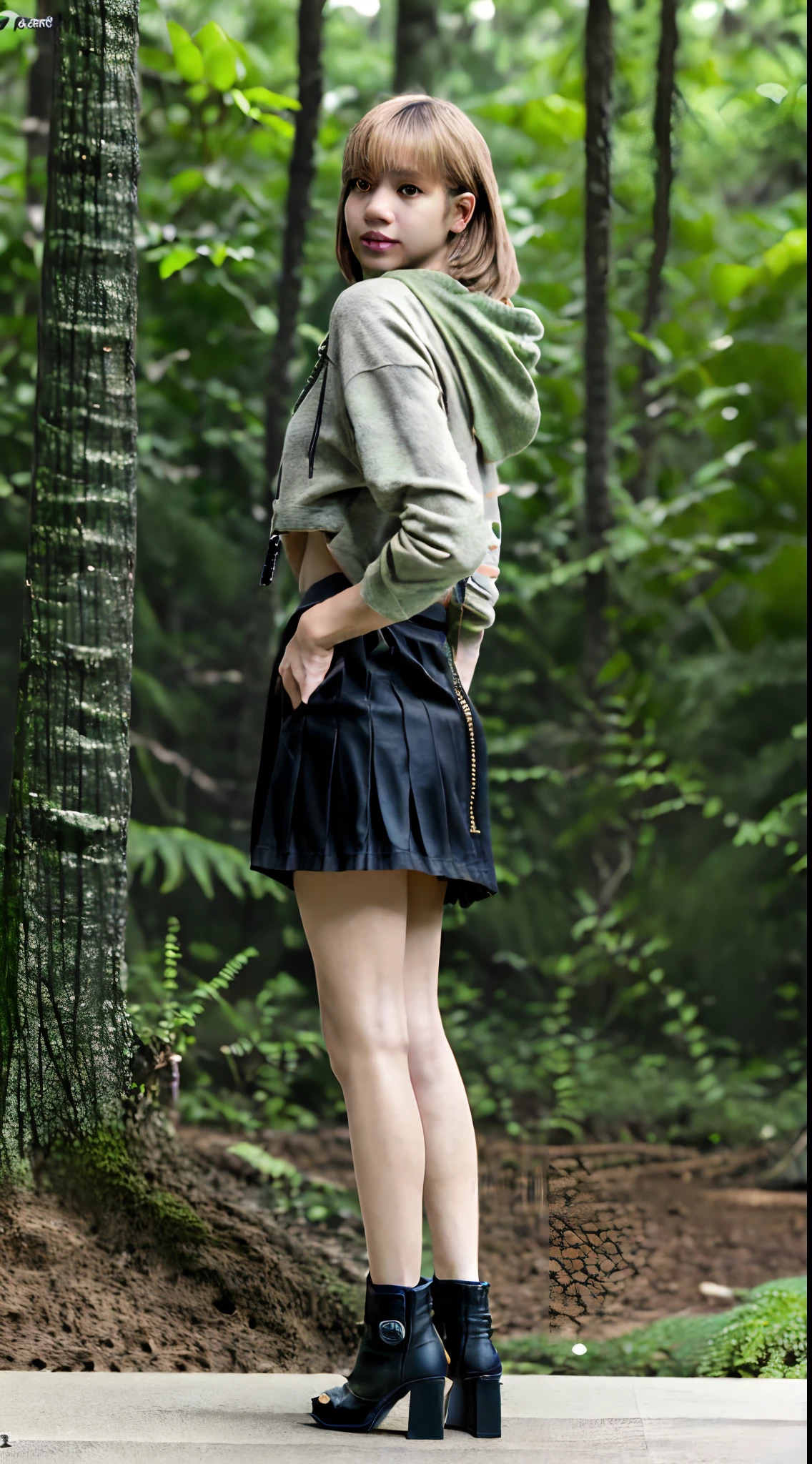 ((Lisa from Blackpink)), hoodie, pleated skirt, black tights to the waist, high heels, close-up of face, female body, full-length photo, very light skin, short hair, wavy hair, camp , forest, photorealistic, indirect lighting, volumetric light, ray tracing, hyperdetailed
