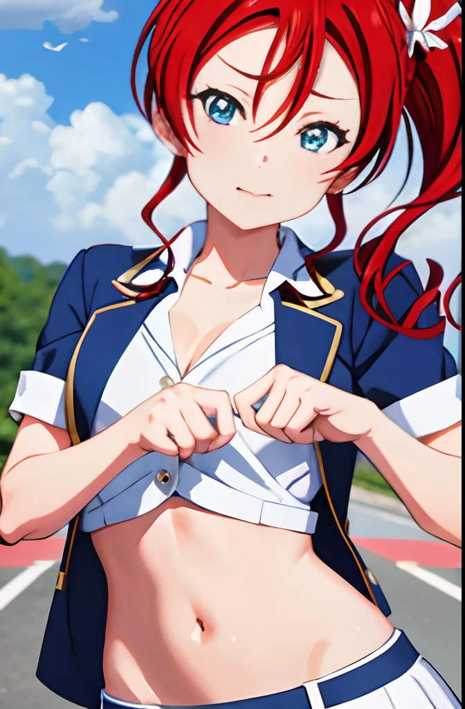 Love Live Superstar、Members of School Idol Liera、Mei Yonejo、Red hair and side tail、  Uniform with navel out、Face forward and show your navel to this side、standing straight ahead.Front Angle、blazers、lowrise.Midriff、Expand the navel with your fingers