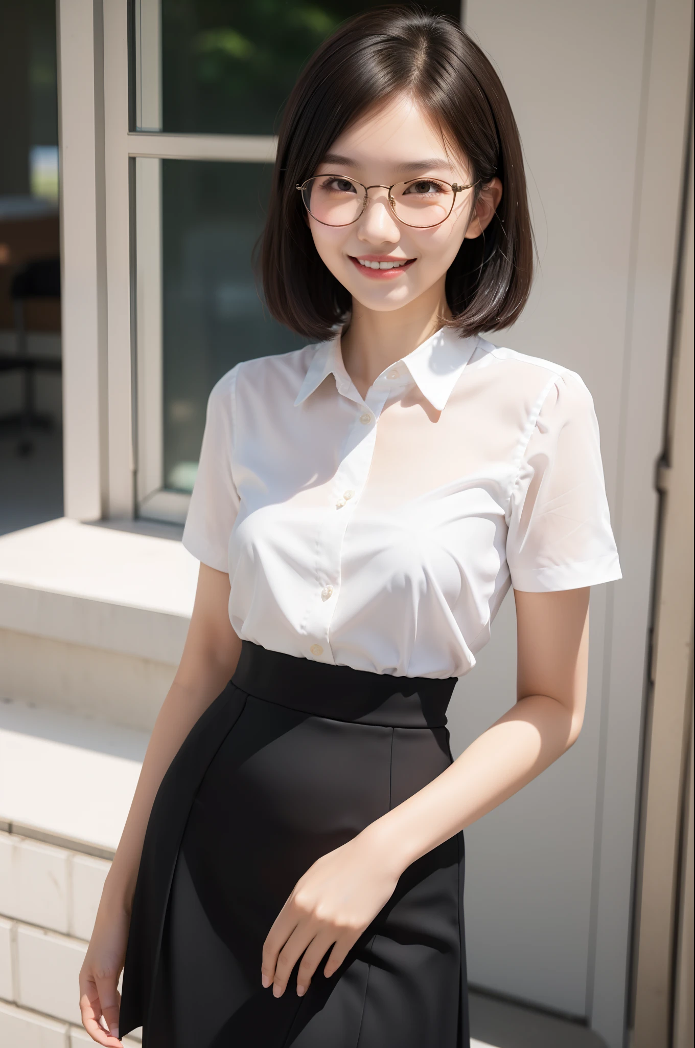 (masutepiece, Best Quality, Capture super cute moments, depth of fields, ultra-detailliert, Ultra High Resolution, C4D, Octadale, 3D Modeling, 8K, 16 K, one girls、a junior high school student、A dark-haired、short-hair、straight haired、Light brown eyes,hair adornments、wearing black glasses、A smile)、Slender body、small tits、Officelady、Blouse、tight skirts