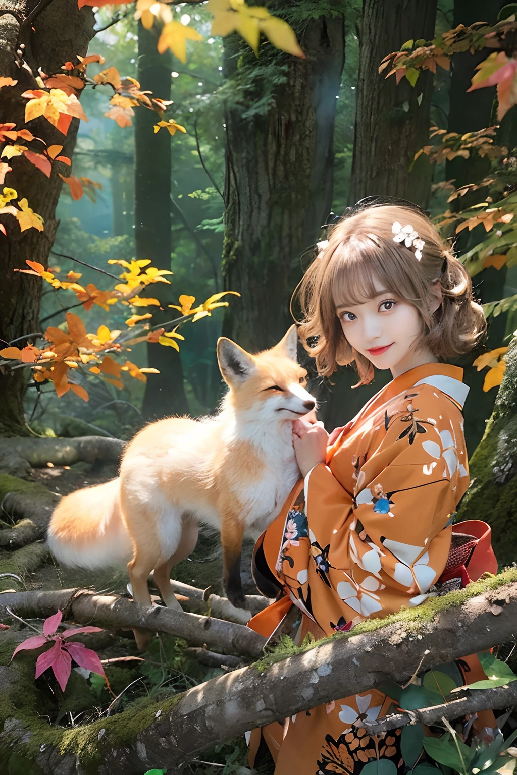 Two-shot photo of a girl and a fox,(Fantasia,Kitsune Yokai Four-Tailed Heavenly Fox,),(Girl and Fox Yokai: The Tale of the Four-Tailed Heavenly Fox),
(With a girl bent down deep in the forest and looking up,Fox Yokai Two-shot movie of a fox protecting a girl's back Poster of the four-tailed heavenly fox),
(natural soft light.)(Sunlight,),(Sunlight,),(Professional Lighting.),
(glossy light brown and orange two-tone color,,,,,,,Wave Shortcut Hair,disheveled hair,),japanese kimono,Geta,Cute round face red lipstick,A cute smile that makes the viewer happy,
autumn forest,Strong wind soaring over dead leaves
Digital Illustration,
(Photorealsitic:1.3),(Raw photo.),
(masutepiece,top-quality,Ultra-high resolution output image,)
(The 8k quality,),(Image Mode Ultra HD,),(Image Mode Ultra HD,),(Sea Art 2.1:1.3,),Japan Anime Fantasy,