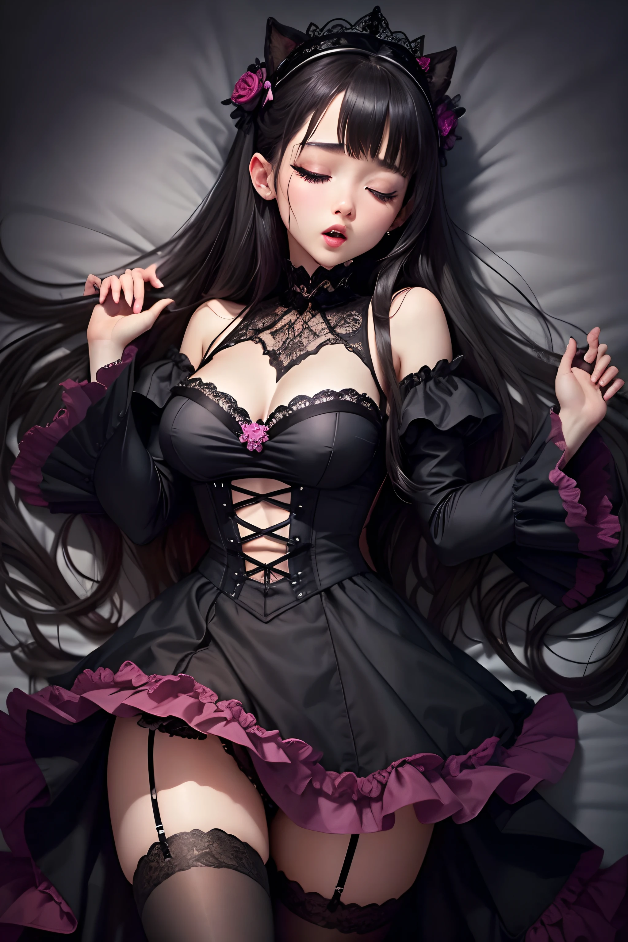 A sexy、Glamour、Gothic lolita、garterbelts、knee high socks、Beautie、Beautiful shape、boredom、Fornication、Hard Dark Gothic Makeup、bell sleeves、Wizard Sleeve、maid clothes、Dark Gothic、Longer dress、Black Dark Eyeshadow、Lace pink、Long hair straight hair、Dark Gothic Makeup、pleasured expression、18year old、Lying、seductiv、Strong sexual pleasure、Sleep with your eyes closed、chies、wretched、The face is cute、Open mouth、Put out the velo、