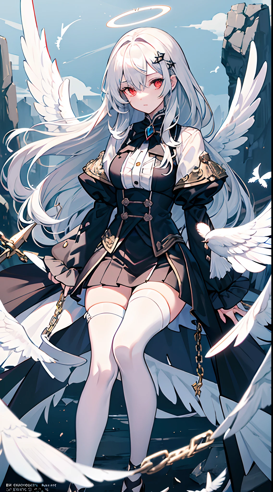 masterpiece,(bestquality),highlydetailed,ultra-detailed, cold, solo, (1girl), detailedeyes, shinegoldeneyes, (longliverhair), expressionless, (long sleeves, puffy sleeves), (white wings), shinehalo, (heavymetal:1.2), (metaljewelry), cross-lacedfootwear (chain), (Whitedoves:1.2), dull hair, wing-like bangs, dark coat, black eyes, monocle, broken mirror ground, overlook, (Half tied hair), (hair loops),(Dull hair:1.2)flying glass debris and paper fragments, flying stones, (strong winds), ruins, science fiction, complex details, iceberg beauty, red eyes, hime_cut, medium breasts, white hair, silver_hair