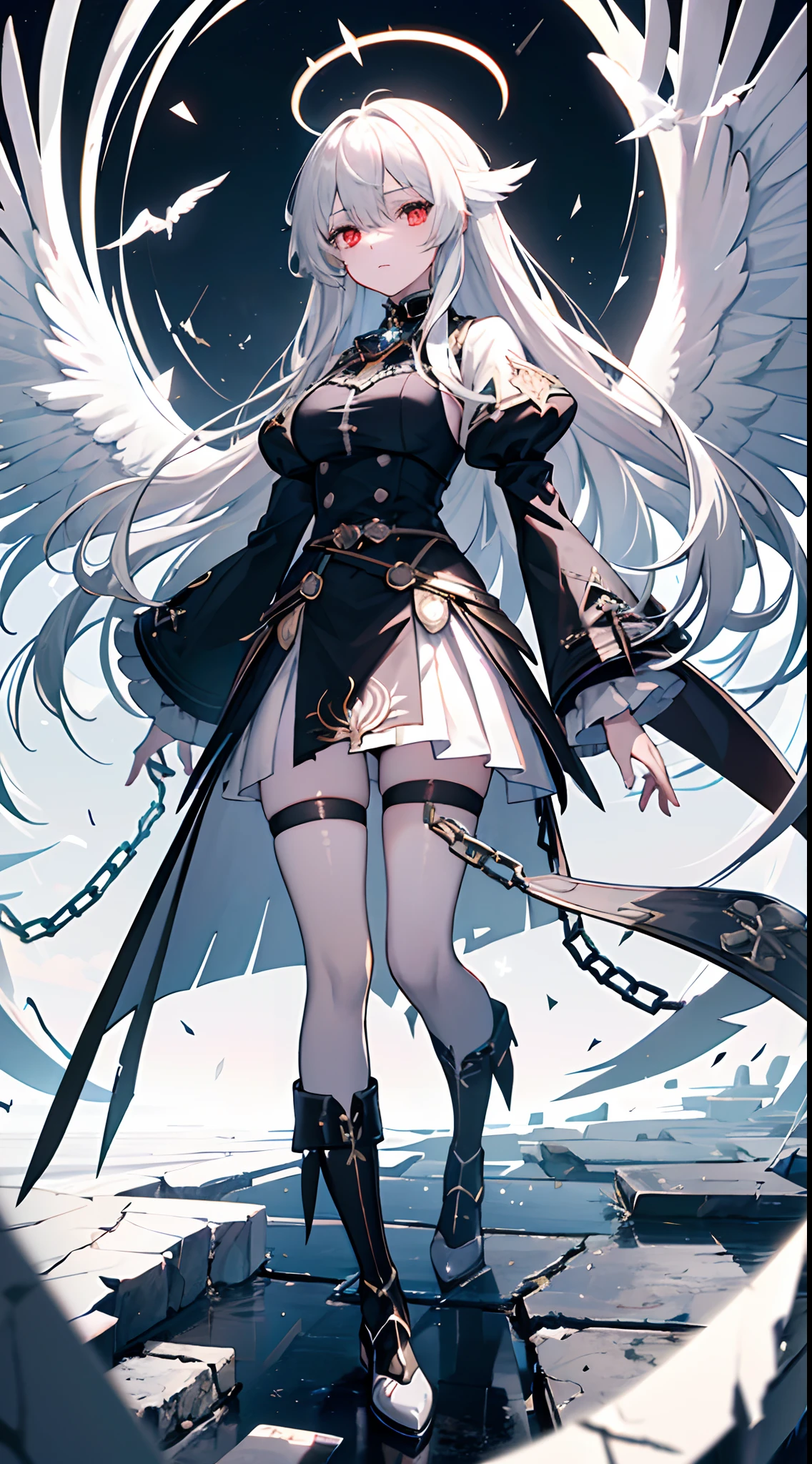 masterpiece,(bestquality),highlydetailed,ultra-detailed, cold, solo, (1girl), detailedeyes, shinegoldeneyes, (longliverhair), expressionless, (long sleeves, puffy sleeves), (white wings), shinehalo, (heavymetal:1.2), (metaljewelry), cross-lacedfootwear (chain), (Whitedoves:1.2), dull hair, wing-like bangs, dark coat, black eyes, monocle, broken mirror ground, overlook, (Half tied hair), (hair loops)，(Dull hair:1.2)flying glass debris and paper fragments, flying stones, (strong winds), ruins, science fiction, complex details, iceberg beauty, red eyes, hime_cut, medium breasts, white hair, silver_hair