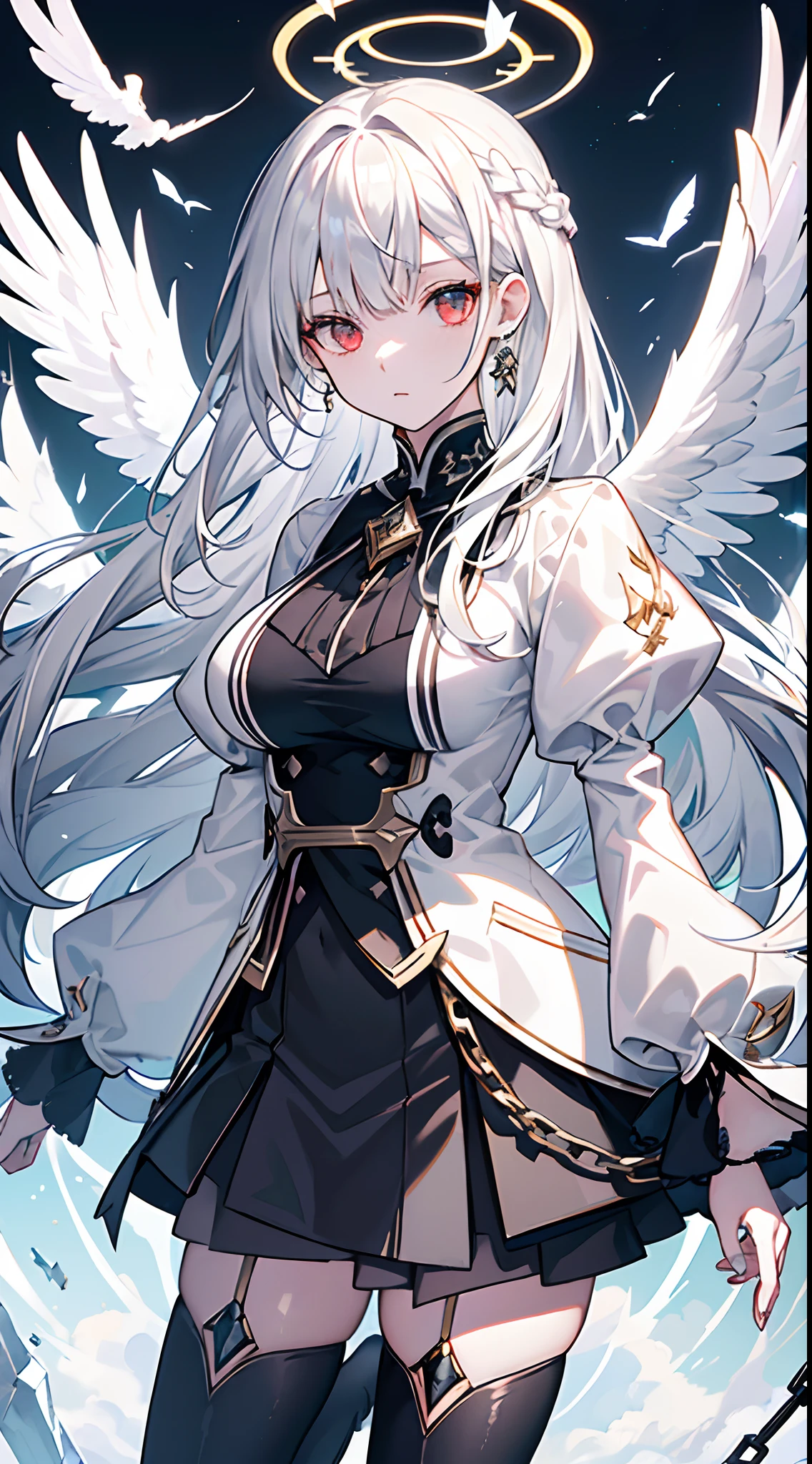 masterpiece,(bestquality),highlydetailed,ultra-detailed, cold, solo, (1girl), detailedeyes, shinegoldeneyes, (longliverhair), expressionless, (long sleeves, puffy sleeves), (white wings), shinehalo, (heavymetal:1.2), (metaljewelry), cross-lacedfootwear (chain), (Whitedoves:1.2), dull hair, wing-like bangs, dark coat, black eyes, monocle, broken mirror ground, overlook, (Half tied hair), (hair loops),(Dull hair:1.2)flying glass debris and paper fragments, flying stones, (strong winds), ruins, science fiction, complex details, iceberg beauty, red eyes, hime_cut, medium breasts, white hair, silver_hair