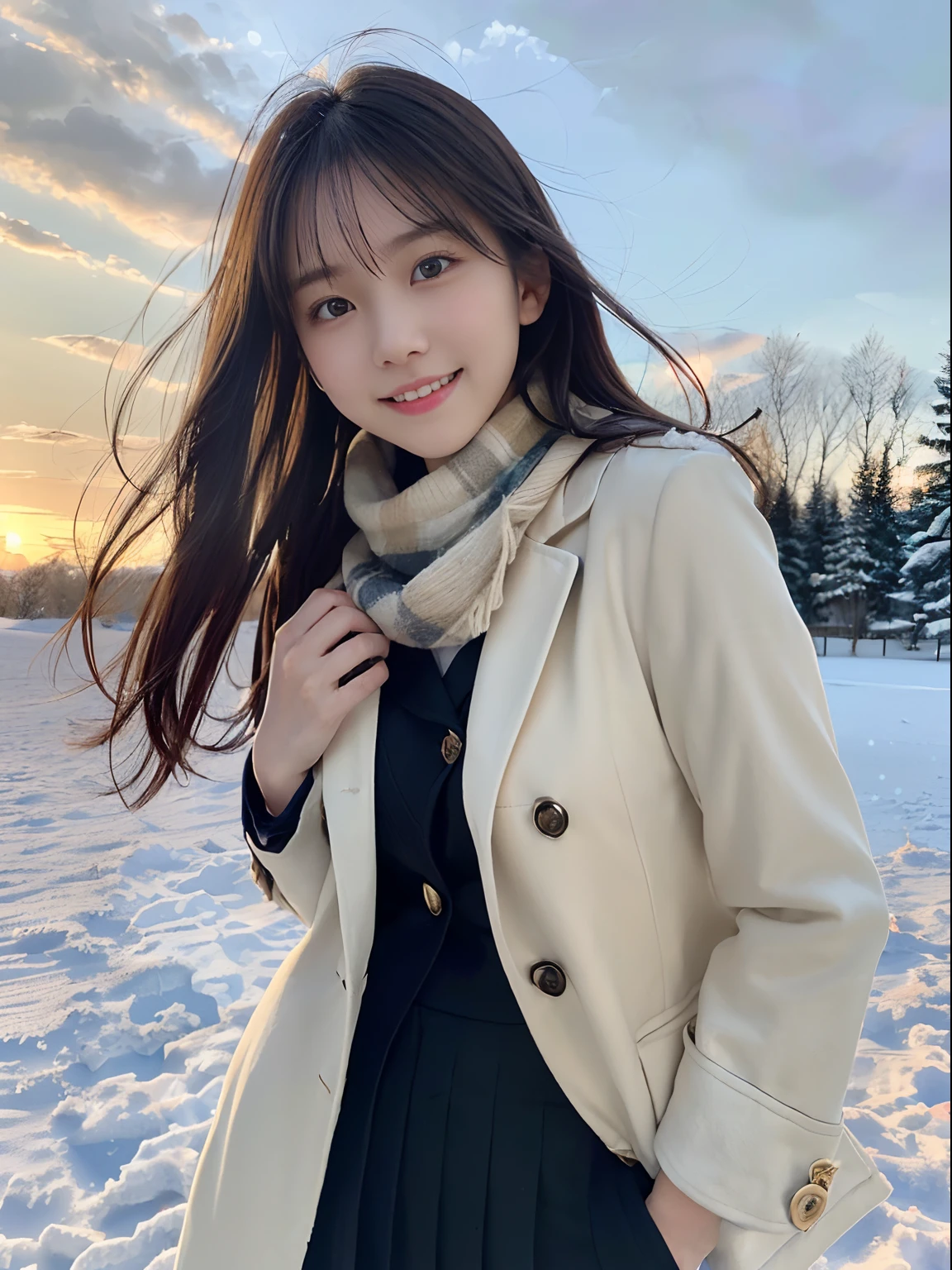 (Close-up portrait of a girl,She has small slender breasts and long double-tailed hair,A scarf jacket in winter uniform:1.5)、(A smile is not bright,Girl with hair fluttering in the wind :1.3)、(Beautiful snowy sunset sky:1.5)、(Perfect anatomy:1.3)、(No mask:1.3)、(Complete fingers:1.3)、Photorealistic、Photography、masutepiece、top-quality、high resolution, delicate and pretty、face perfect、Beautiful detailed eyes、Fair skin、Real human skin、pores、((Thin legs))、(Dark hair)