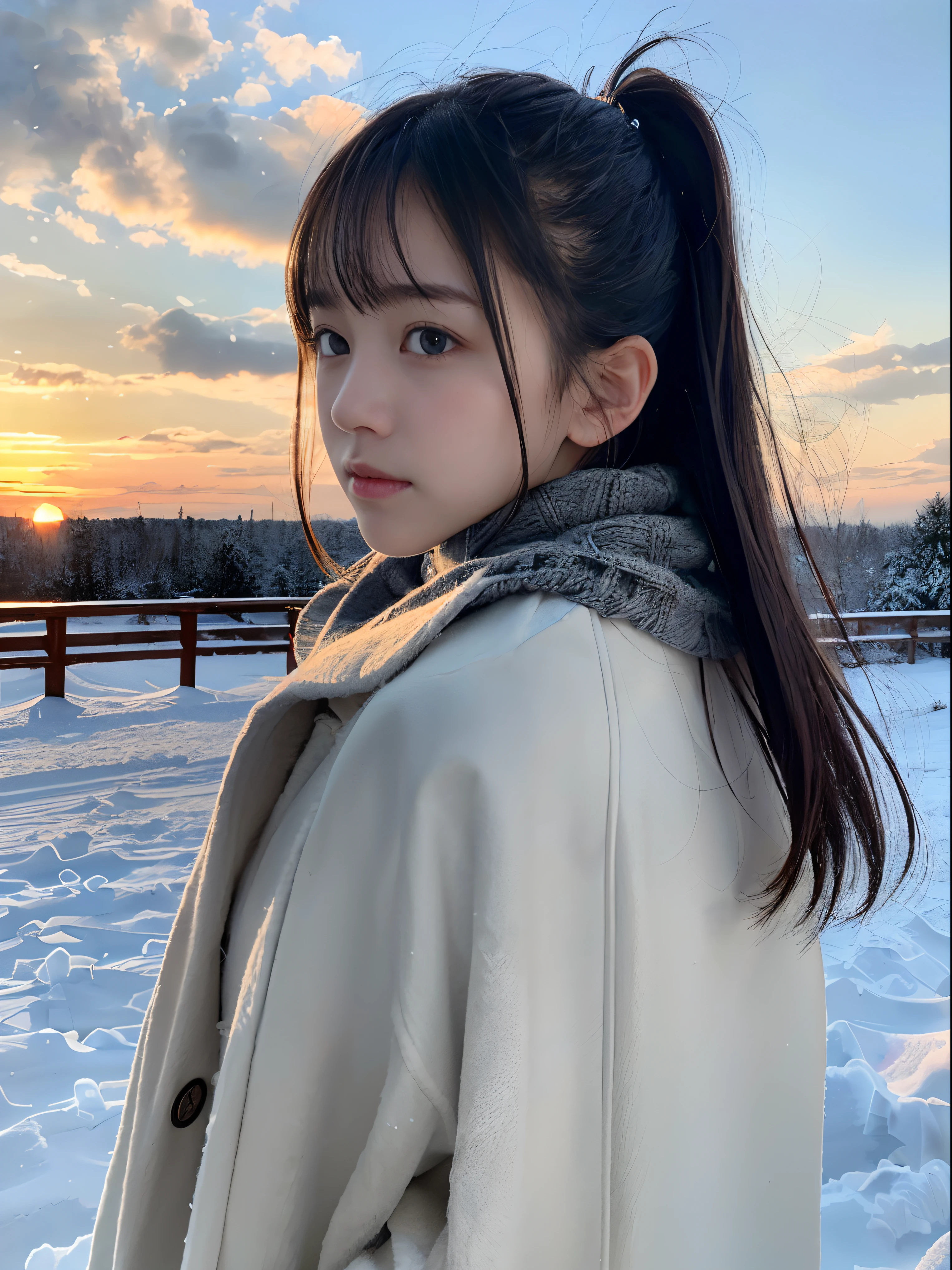 (A close-up portrait from behind of one slender girl has long hair with dull bangs and a scarf coat in winter uniform:1.5)、(One girl turned around and saw me with a sad face with hair fluttering in the wind :1.3)、(Beautiful snowy sunset sky:1.5)、(Perfect Anatomy:1.3)、(No mask:1.3)、(complete fingers:1.3)、Photorealistic、Photography、masutepiece、top-quality、High resolution, delicate and pretty、face perfect、Beautiful detailed eyes、Fair skin、Real Human Skin、pores、((thin legs))、(Dark hair)