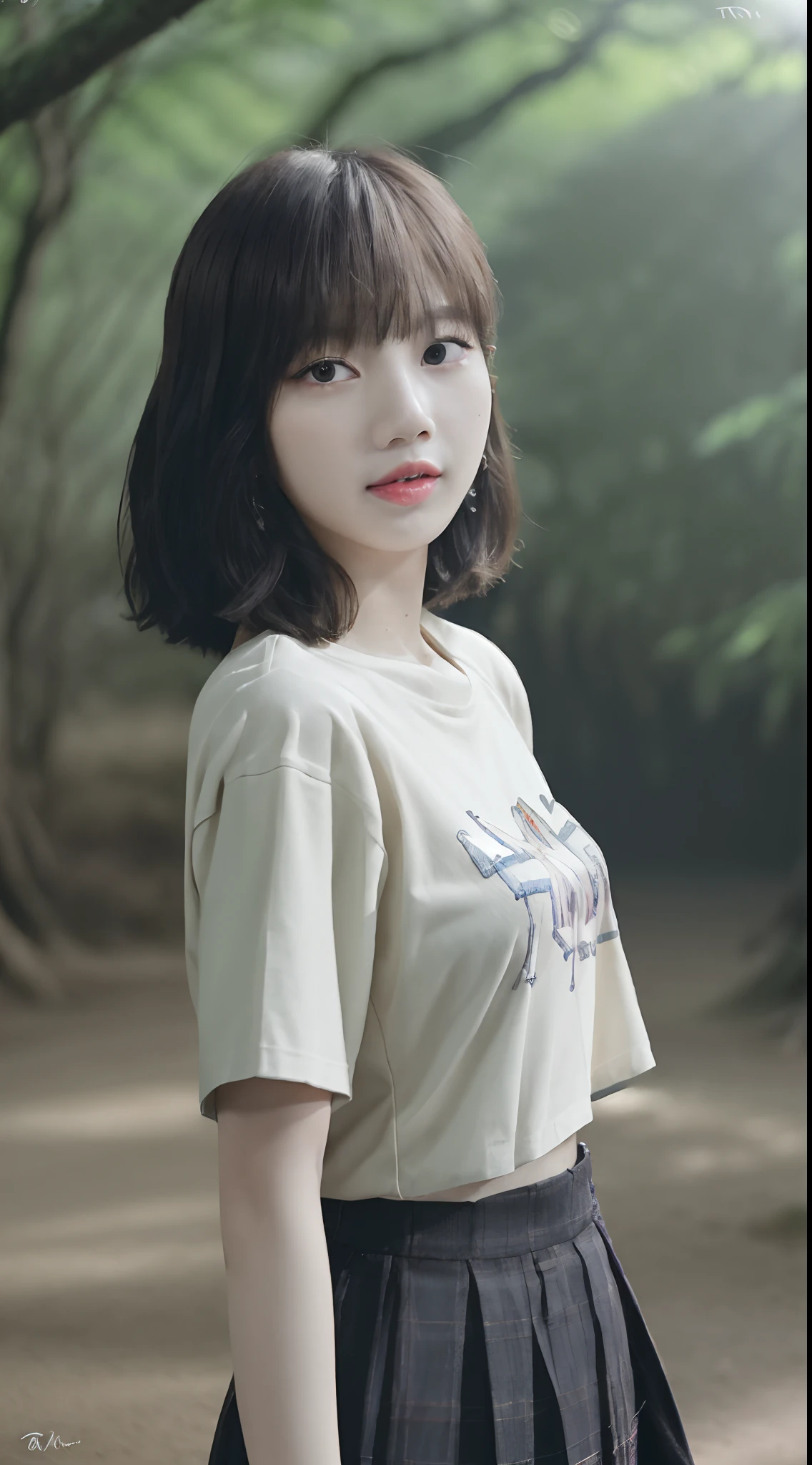 ((Lisa from Blackpink)), t-shirt, tiny pleated skirt, waist-high black tights, high heels, close-up of face, full body shot, very fair skin, short hair, wavy hair, camp, forest, photorealistic , indirect lighting, volumetric light, ray tracing, hyper-detailed