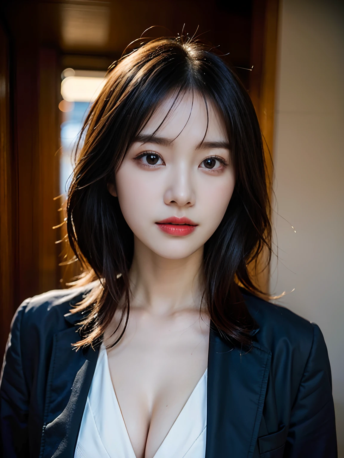 a close up of a woman in a suit posing for a picture, a picture by Ren Renfa, instagram, shin hanga, korean girl, beautiful south korean woman, korean woman, sexy :8, sexy girl, wearing bra, gorgeous young korean woman, open v chest clothes, lovely woman, generous cleavage open jacket, beautiful young korean woman, japanese model