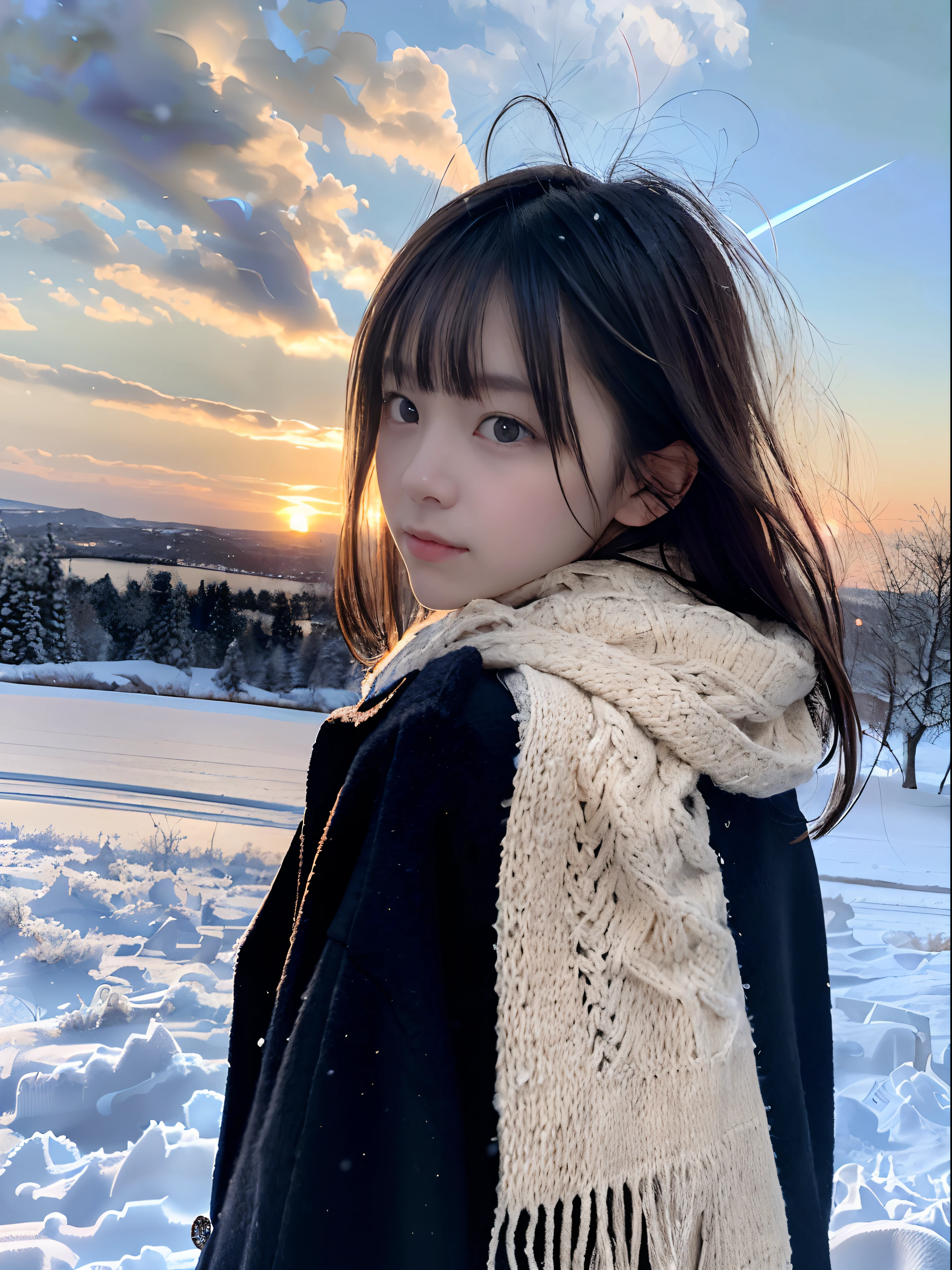 (A close-up portrait from behind of one slender girl has long hair with dull bangs and a scarf coat in winter uniform:1.5)、(One girl turned around and  saw me with a sad face with hair fluttering in the wind :1.3)、(Beautiful snowy sunset sky:1.5)、(Perfect Anatomy:1.3)、(No mask:1.3)、(complete fingers:1.3)、Photorealistic、Photography、masutepiece、top-quality、High resolution, delicate and pretty、face perfect、Beautiful detailed eyes、Fair skin、Real Human Skin、pores、((thin legs))、(Dark hair)