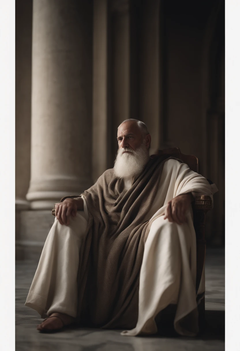 A realist Greek lord from the philosopher Thales of Miletus sitting in a detailed chair wearing a ghostly toga, fundo neutro, Moody, , fotorrealista, Jantar de cinema atencioso, super detalhada, Hiper realista, luzes brilhantes