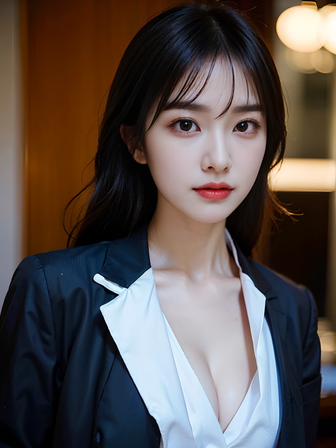 a close up of a woman in a suit posing for a picture, a picture by Ren Renfa, instagram, shin hanga, korean girl, beautiful south korean woman, korean woman, sexy :8, sexy girl, wearing bra, gorgeous young korean woman, open v chest clothes, lovely woman, generous cleavage open jacket, beautiful young korean woman, japanese model