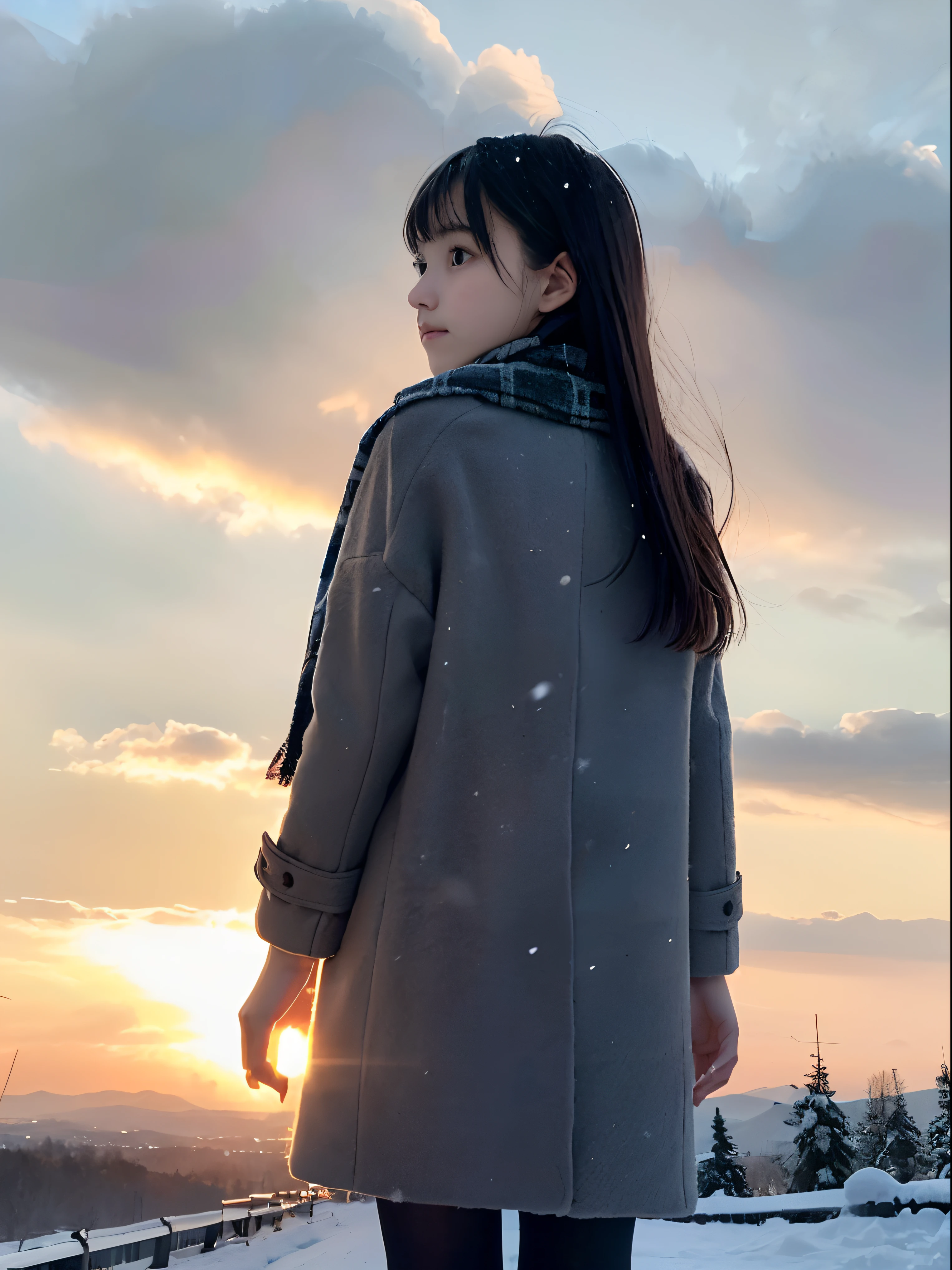 (A close-up portrait from behind of one slender girl has long hair with dull bangs and a scarf coat in winter uniform:1.5)、(One girl turned around and  saw me with a sad face with hair fluttering in the wind :1.3)、(Beautiful snowy sunset sky:1.5)、(Perfect Anatomy:1.3)、(No mask:1.3)、(complete fingers:1.3)、Photorealistic、Photography、masutepiece、top-quality、High resolution, delicate and pretty、face perfect、Beautiful detailed eyes、Fair skin、Real Human Skin、pores、((thin legs))、(Dark hair)