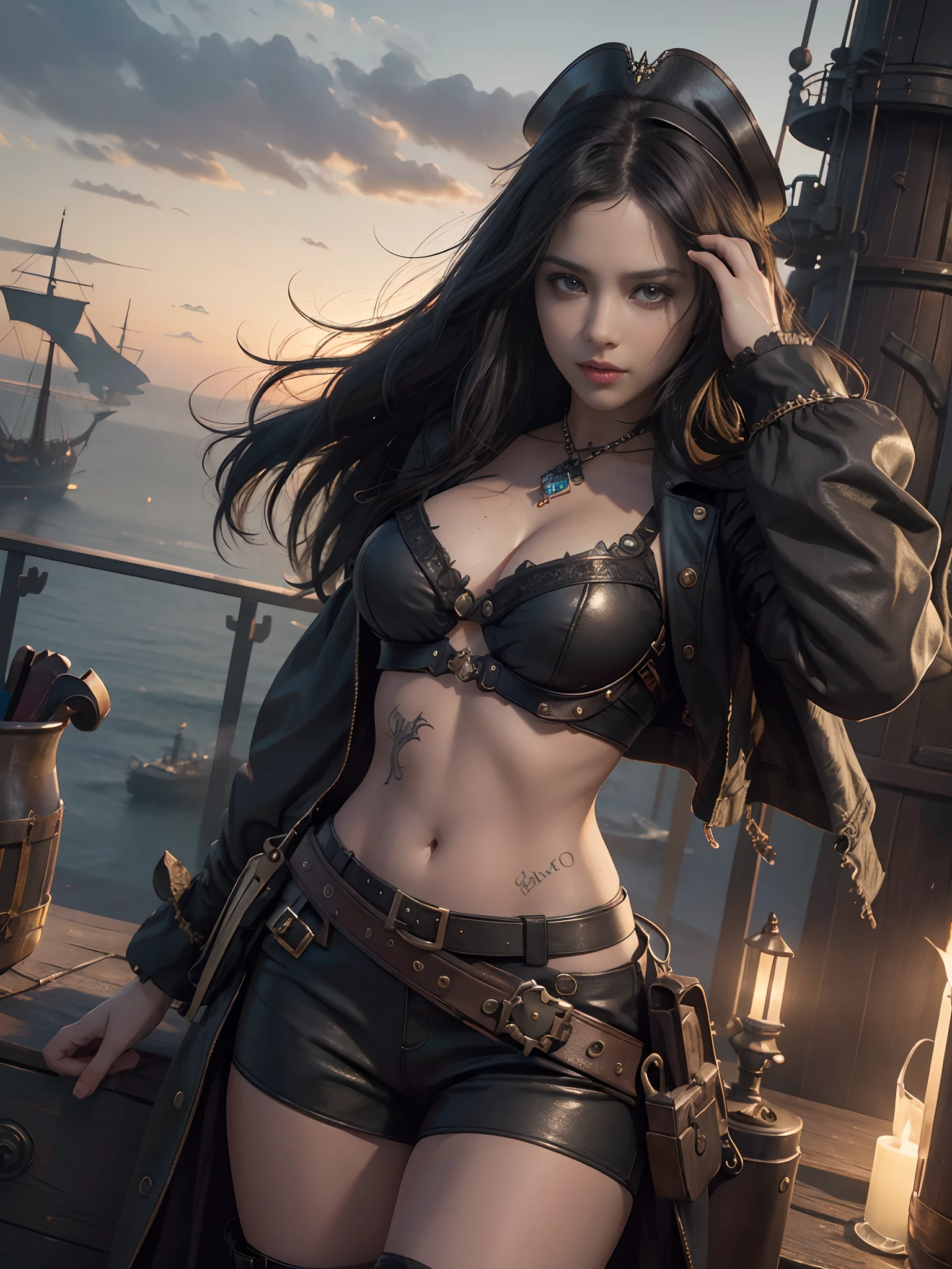 Daughter of Captain Jack Sparrow, A scantly clad female steam punk pirate captain and blackhair, standing atop a steam-powered airship, dynamic pose, 3d, (8k), detailed texture,(hyperdetailed), (photo realistic), cinematic light, cinematic action, highly detailed, realistic, Isometric, full body, in frame, driven expression, dark theme, extremely detailed eyes, detailed symmetric realistic face, extremely detailed natural texture, masterpiece, extremely detailed, amazing, fine detail, rich colors, hyper realistic lifelike texture, dramatic lighting, unreal engine, trending on art station, photo realistic, RAW photo, high quality, high res, sharp focus, extremely detailed, cinematic lighting, 8k, high definition, cinematic, neoprene, unreal engine 5, ultra sharp focus