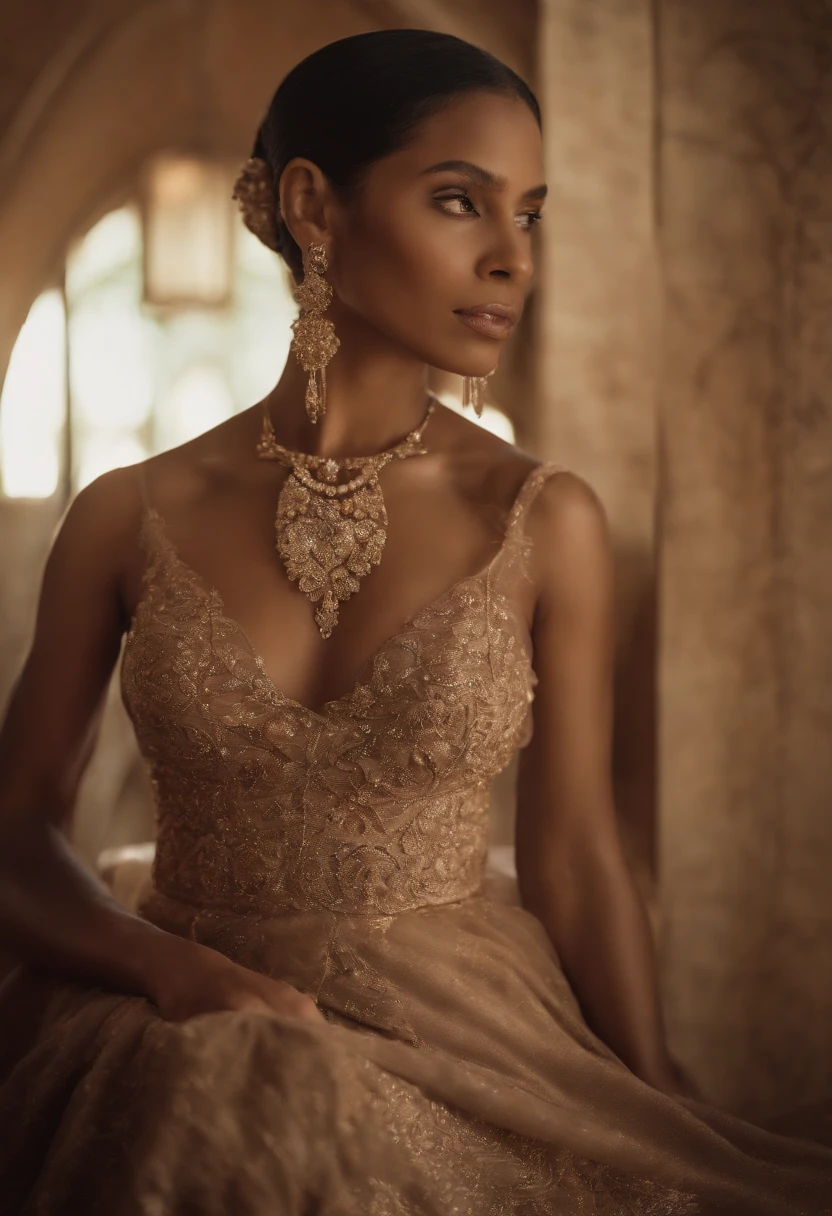 A beautiful brown-skinned woman wearing a thigh split evening dress, with large diamond earrings hanging from her ears, un collier en diamant autour de son cou, The well-formed leg was completely exposed by the slit of the dress. Son sourire avait la lueur du soleil, Her lips were full in the red color that matched the color of her Hispanic dress..