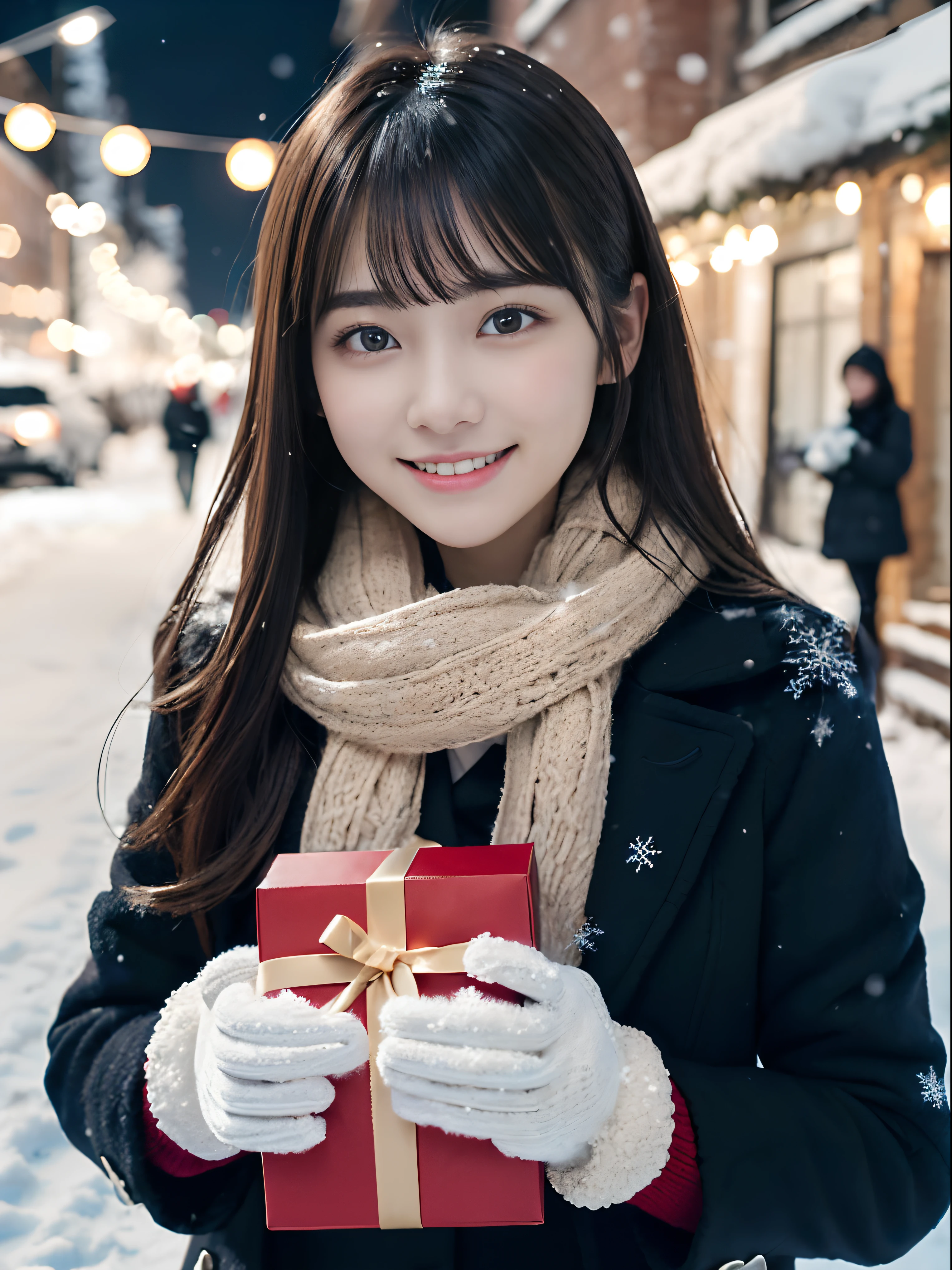 (Close-up portrait of one girl has long hair with dull bangs in a winter uniform and scarf coat:1.5)、(One girl with a shy smile has a gift box in hand with gloves:1.5)、(Snowy winter night street corner with Christmas lights:1.5)、(Perfect Anatomy:1.3)、(No mask:1.3)、(complete fingers:1.3)、Photorealistic、Photography、masutepiece、top-quality、High resolution, delicate and pretty、face perfect、Beautiful detailed eyes、Fair skin、Real Human Skin、pores、((thin legs))、(Dark hair)