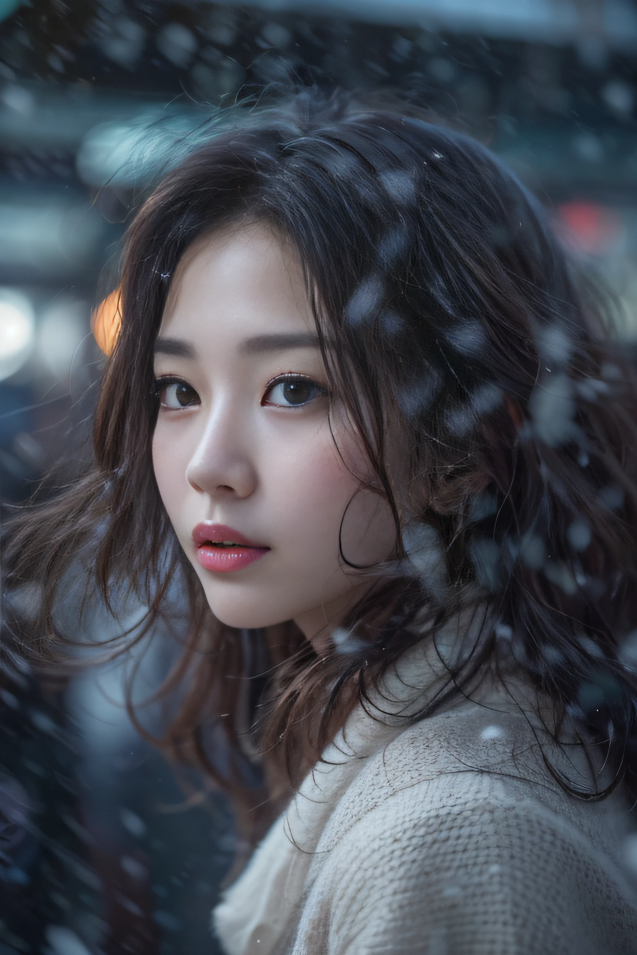 1womanl、late 20s age、(Strong-willed super beautiful woman)、(ultra beautiful faces)、Wearing makeup、Wavy brown hair、Shallow depth of field、It's snowing since I got off the night train、Only the sound of the sea is heard、I also took the ferry alone、I was staring at the freezing seagull
