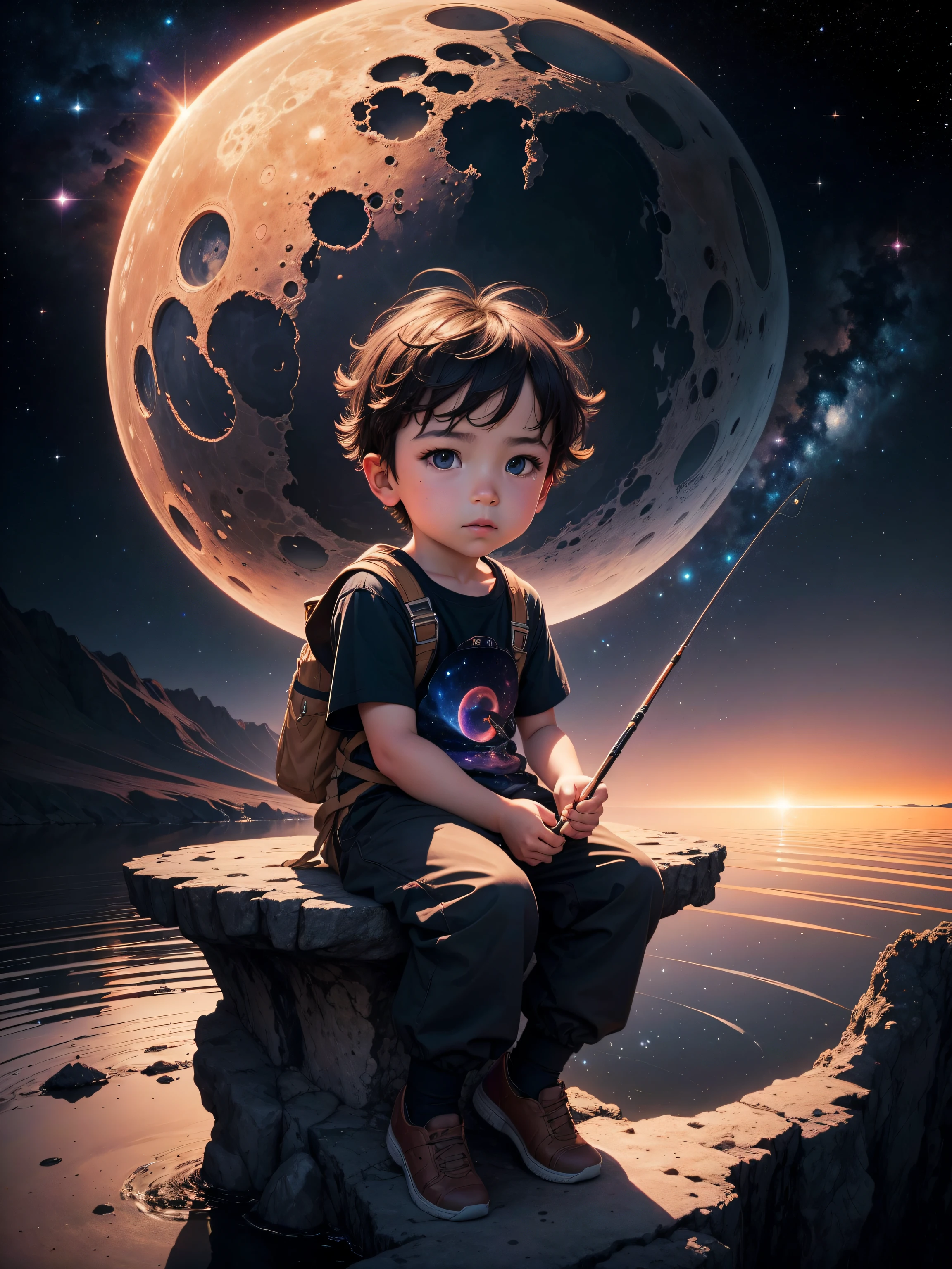 image of the highest quality, masterpiece, (detailed: 1.4), perfect drawing, (ultra-realistic), expansive landscape photograph, boy, sitting on the moon, fishing for the black hole, around him stellar nebulas, true colors