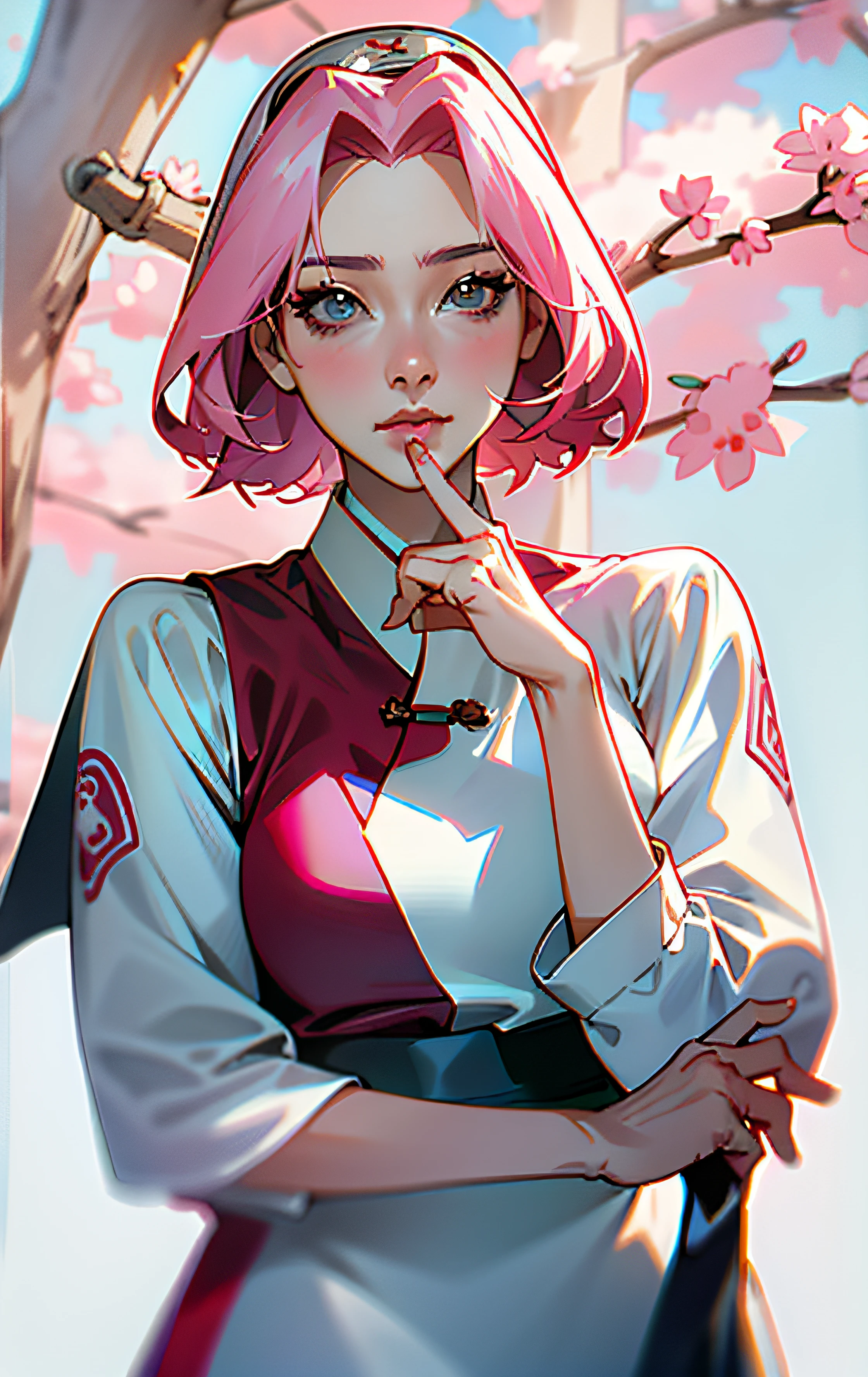 Sakura, in white shirt posing with her hand on her chin, photo of slim girl model, korean women's fashion model, beautiful south korean woman, korean woman, pink hair, beautiful young korean woman, beautiful young korean woman, wenfei ye, xintong chen, lovely young korean face, korean girl, by xia yong, korean face features, korean symmetrical face