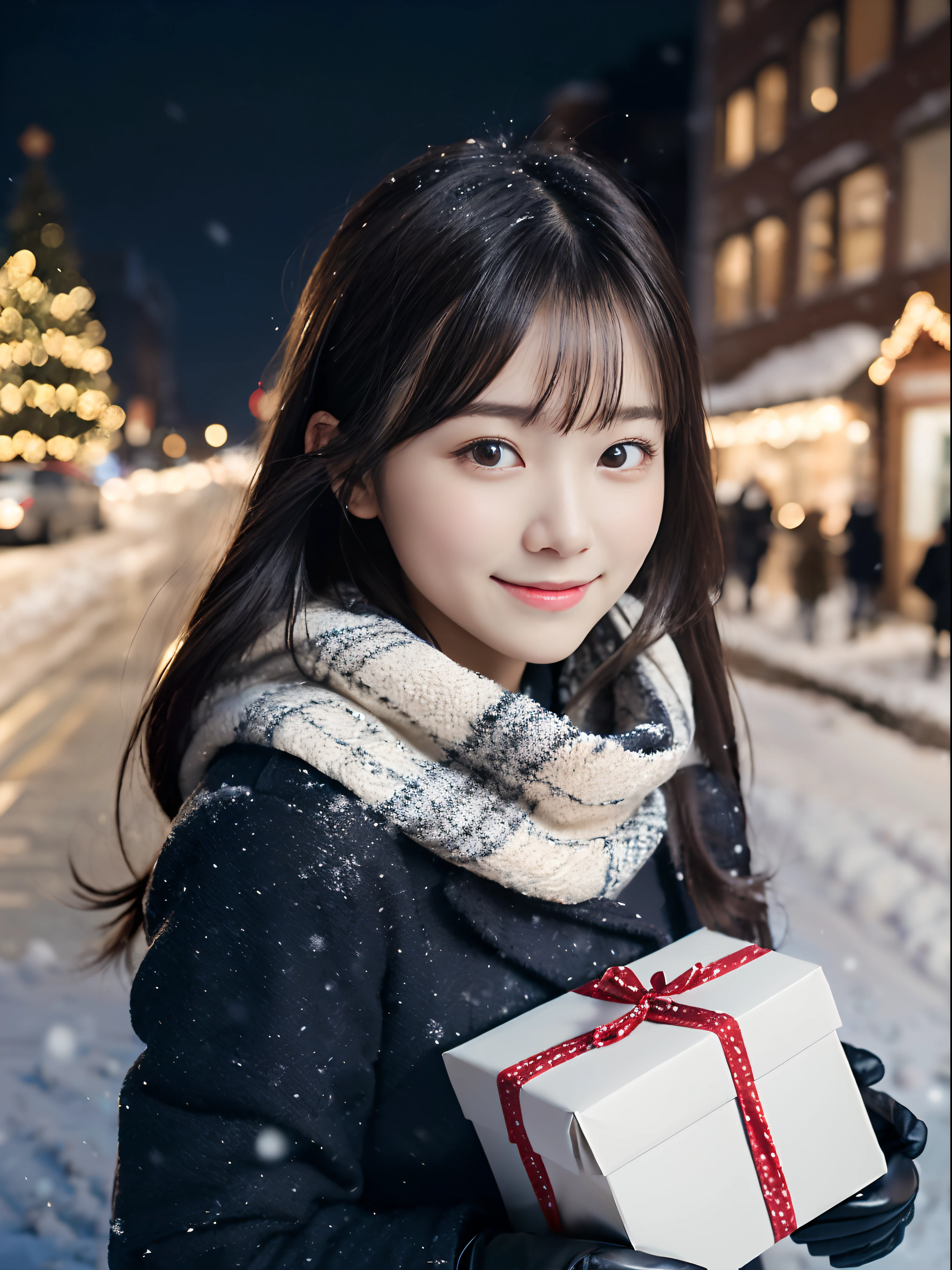 (Close-up portrait of one girl has long hair with dull bangs in a winter uniform and scarf coat:1.5)、(One girl with a shy smile has a gift box in hand with gloves:1.5)、(Snowy winter night street corner with Christmas lights:1.5)、(Perfect Anatomy:1.3)、(No mask:1.3)、(complete fingers:1.3)、Photorealistic、Photography、masutepiece、top-quality、High resolution, delicate and pretty、face perfect、Beautiful detailed eyes、Fair skin、Real Human Skin、pores、((thin legs))、(Dark hair)