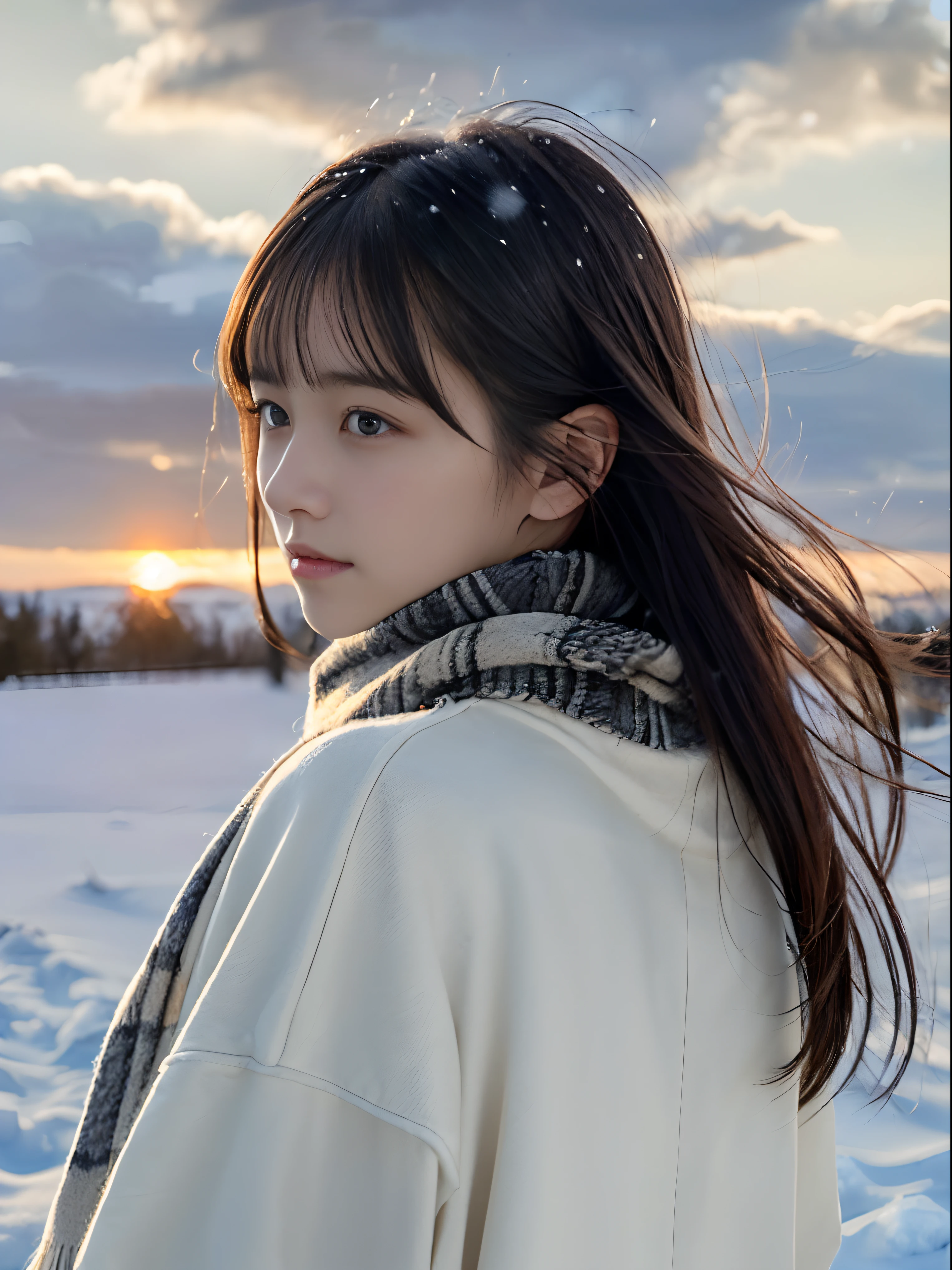 (A close-up portrait from behind of one slender girl has long hair with dull bangs and a scarf coat in winter uniform:1.5)、(One girl turned around with a sad face with hair fluttering in the wind :1.3)、(Beautiful snowy sunset sky:1.5)、(Perfect Anatomy:1.3)、(No mask:1.3)、(complete fingers:1.3)、Photorealistic、Photography、masutepiece、top-quality、High resolution, delicate and pretty、face perfect、Beautiful detailed eyes、Fair skin、Real Human Skin、pores、((thin legs))、(Dark hair)