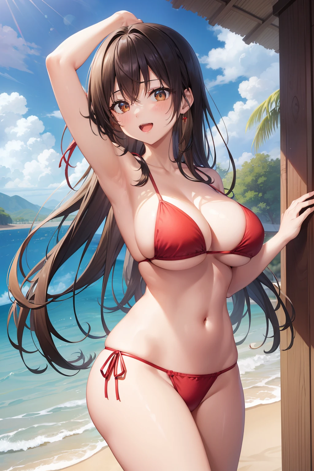 Kotegawayui, Yui Kotegawa, 独奏、Black hair, (Brown eyes:1.5), Long hair, BREAK looking at viewer, BREAK (masutepiece:1.2), Best Quality, High resolution, Unity 8k壁纸, (Illustration:0.8), (Beautiful detailed eyes:1.6), extra detailed face, Perfect Lighting, extremely details CG, (Perfect hands, Perfect Anatomy),Naughty big、large full breasts、(the beach:1.3)、(red bikini:1.3)、Smile with open mouth