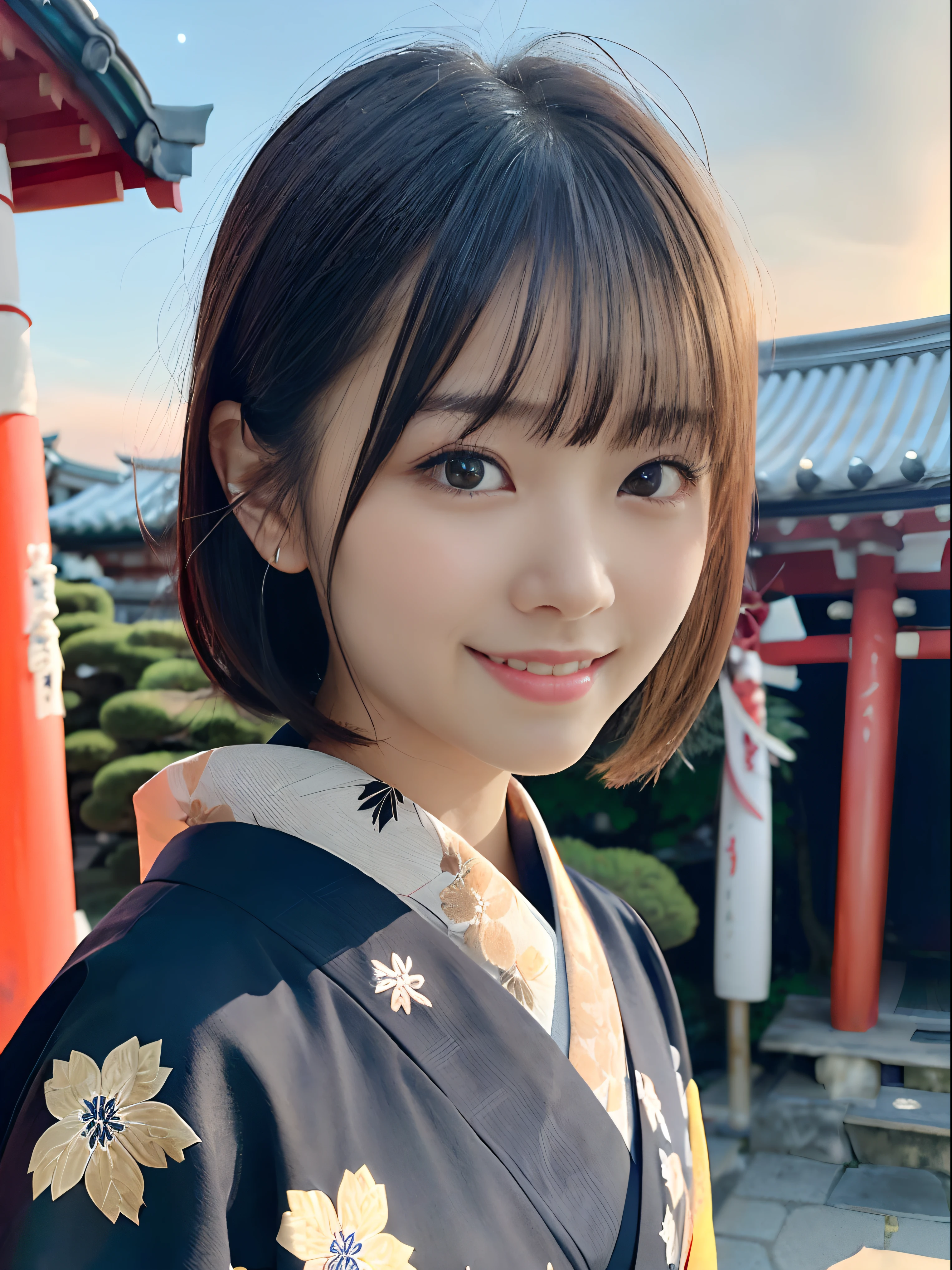 (Close up portrait of girl with dull bangs dumpling hair in beautiful glamorous kimono:1.5)、(One of the girls worshipping the shrine of Japan with a smile:1.3)、(A shrine in Japan with a winter sky:1.5)、(Perfect Anatomy:1.3)、(No mask:1.3)、(complete fingers:1.3)、Photorealistic、Photography、masutepiece、top-quality、High resolution, delicate and pretty、face perfect、Beautiful detailed eyes、Fair skin、Real Human Skin、pores、((thin legs))、(Dark hair)