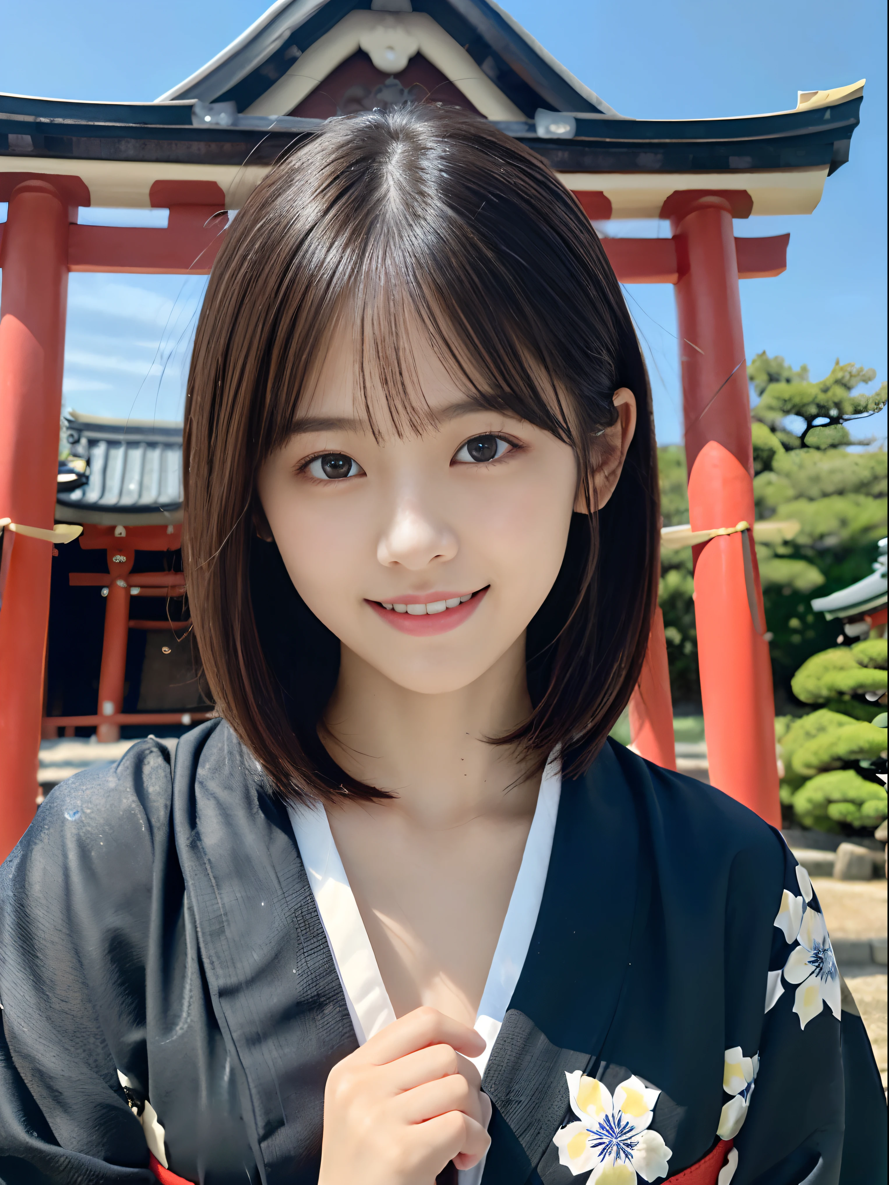 (Close up portrait of girl with dull bangs dumpling hair in beautiful glamorous kimono:1.5)、(One of the girls worshipping the shrine of Japan with a smile:1.3)、(A shrine in Japan with a winter sky:1.5)、(Perfect Anatomy:1.3)、(No mask:1.3)、(complete fingers:1.3)、Photorealistic、Photography、masutepiece、top-quality、High resolution, delicate and pretty、face perfect、Beautiful detailed eyes、Fair skin、Real Human Skin、pores、((thin legs))、(Dark hair)