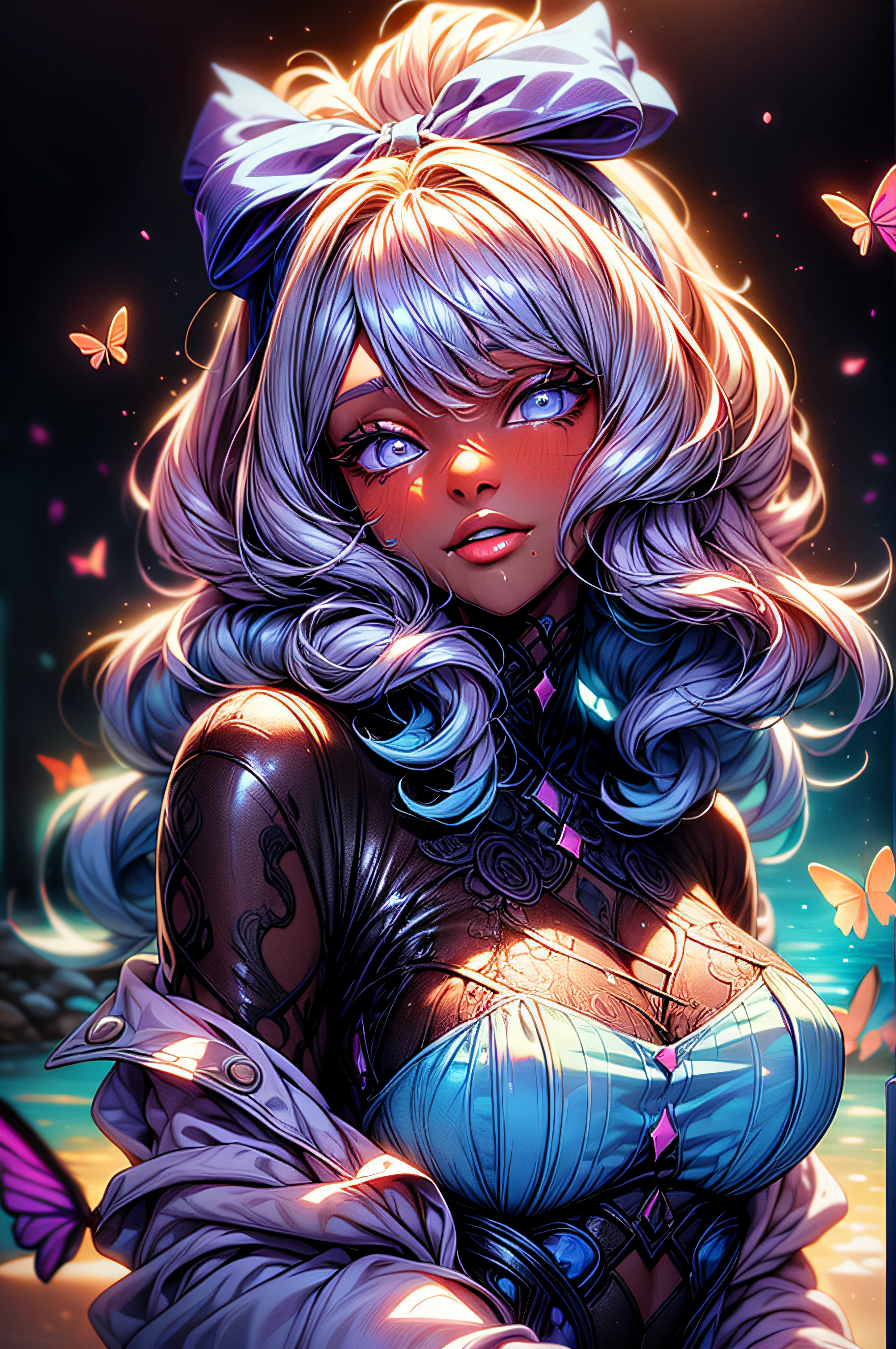 A girl with long white hair with lilac bow with ribbon, dark skin, wearing transparent water style clothes, water everywhere, all around, water background, transparent, beautiful lighting, amazing detailed lighting with particles, full_body, butterflies_around.