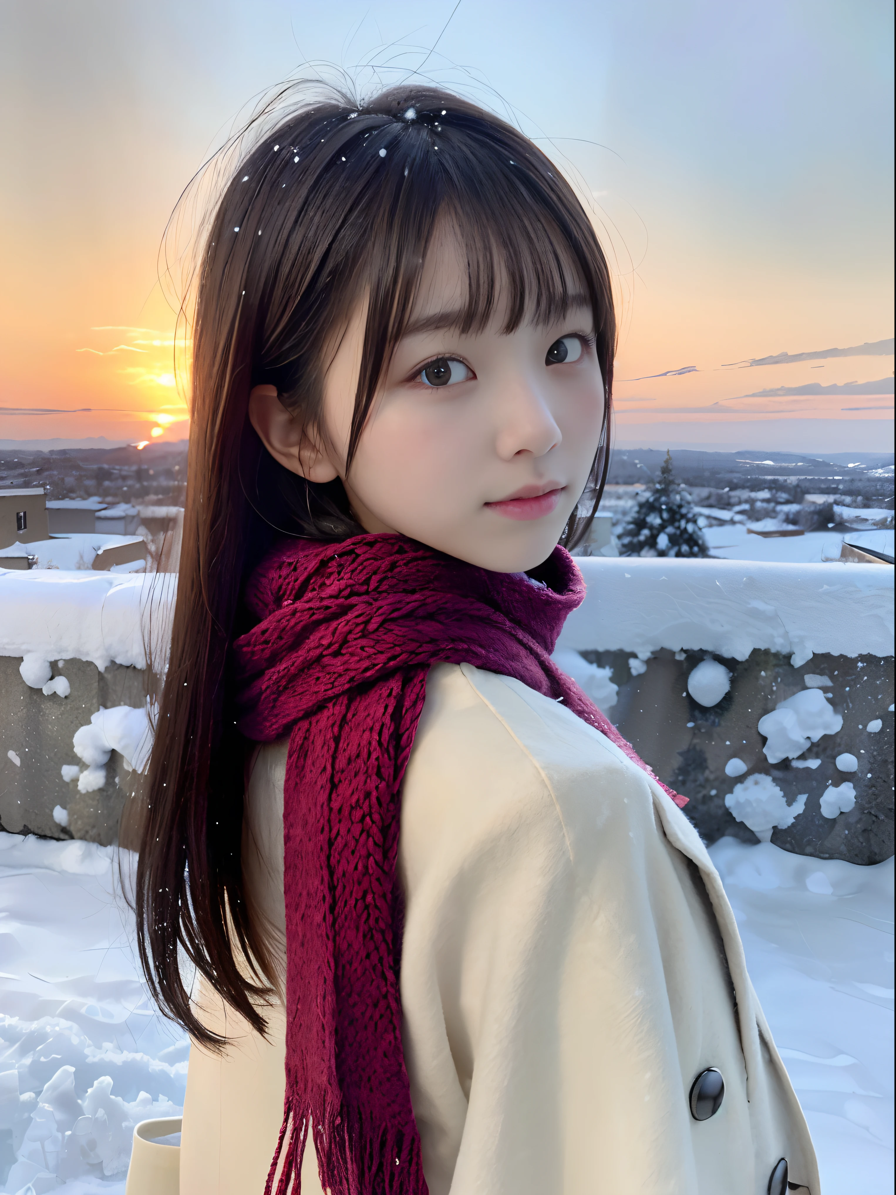 (A close-up portrait from behind of one slender girl has long hair with dull bangs and a scarf coat in winter uniform:1.5)、(One girl turned around with a sad face with hair fluttering in the wind :1.3)、(Beautiful snowy sunset red sky:1.5)、(Perfect Anatomy:1.3)、(No mask:1.3)、(complete fingers:1.3)、Photorealistic、Photography、masutepiece、top-quality、High resolution, delicate and pretty、face perfect、Beautiful detailed eyes、Fair skin、Real Human Skin、pores、((thin legs))、(Dark hair)