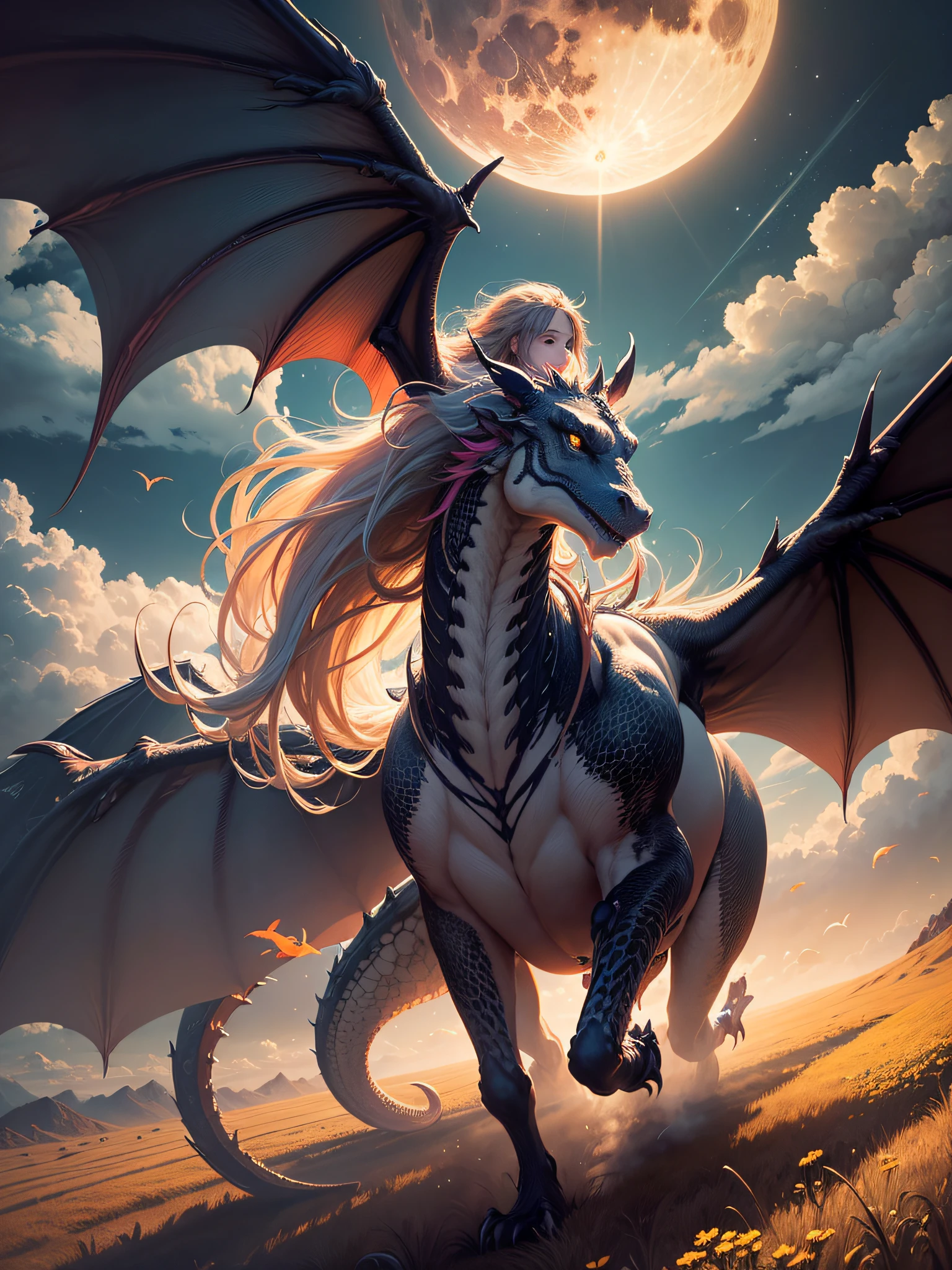 image of the highest quality, masterpiece, (detailed: 1.4), perfect drawing, (ultra-realistic), expansive landscape photograph, dragons flying, full moon highlighted, swirling clouds, grass moving with the wind, 1girl, girl long hair moving, flowers carried with the wind, bright colors, strong colors