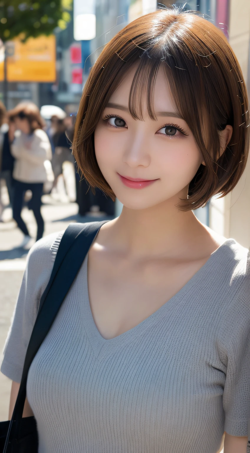 masutepiece, Best Quality, Illustration, Ultra-detailed, finely detail, hight resolution, 8K Wallpaper, Perfect dynamic composition, Beautiful detailed eyes, Women's Fashion,Very short hair,Small breasts natural color lip, Bold sexy poses,Smile,Harajuku、20 years girl、Cute、Sexy shot looking at camera