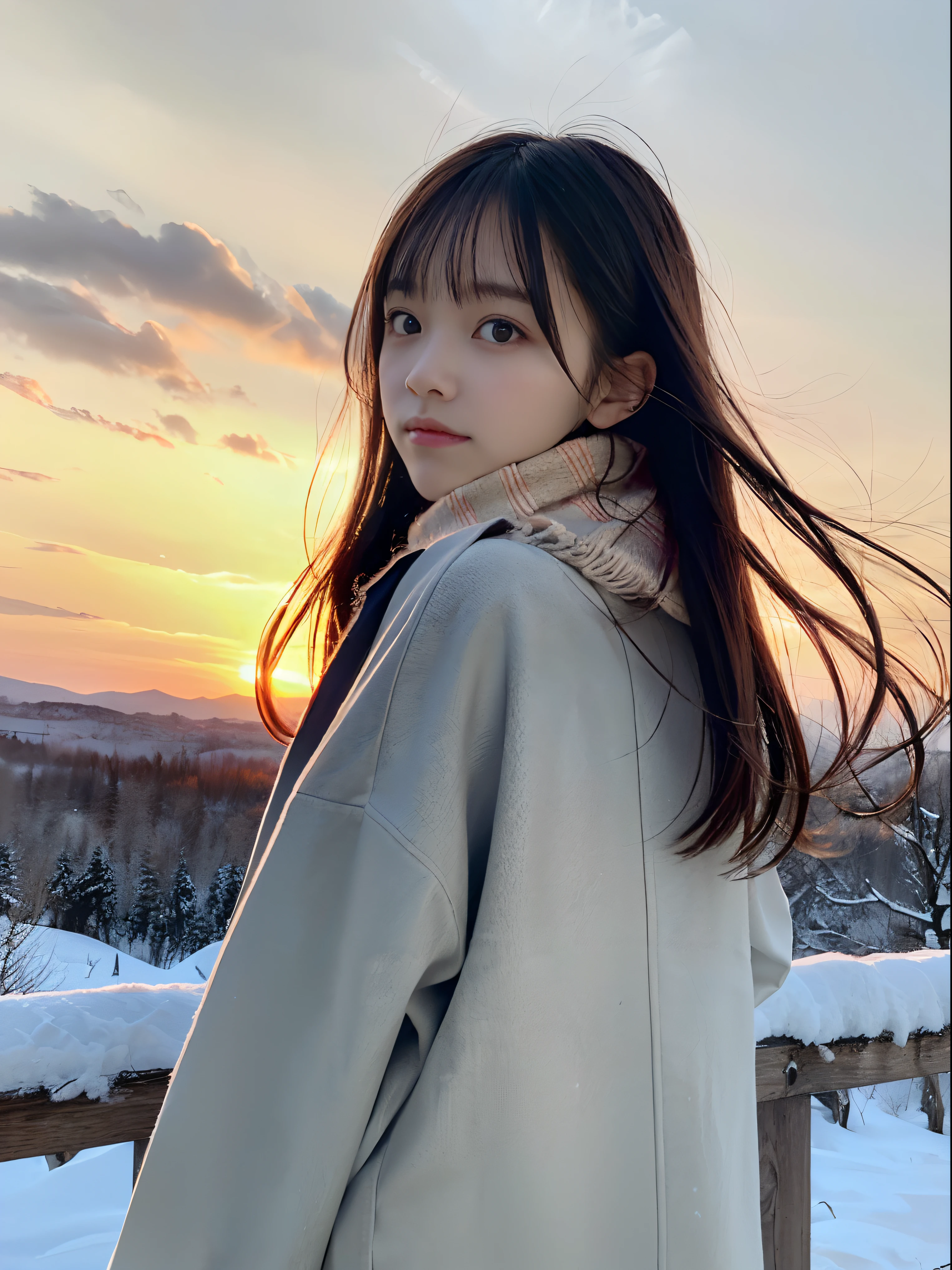 (A close-up portrait from behind of one slender girl has long hair with dull bangs and a scarf coat in winter uniform:1.5)、(One girl turned around with a sad face with hair fluttering in the wind :1.3)、(Beautiful snowy sunset madder red sky:1.5)、(Perfect Anatomy:1.3)、(No mask:1.3)、(complete fingers:1.3)、Photorealistic、Photography、masutepiece、top-quality、High resolution, delicate and pretty、face perfect、Beautiful detailed eyes、Fair skin、Real Human Skin、pores、((thin legs))、(Dark hair)
