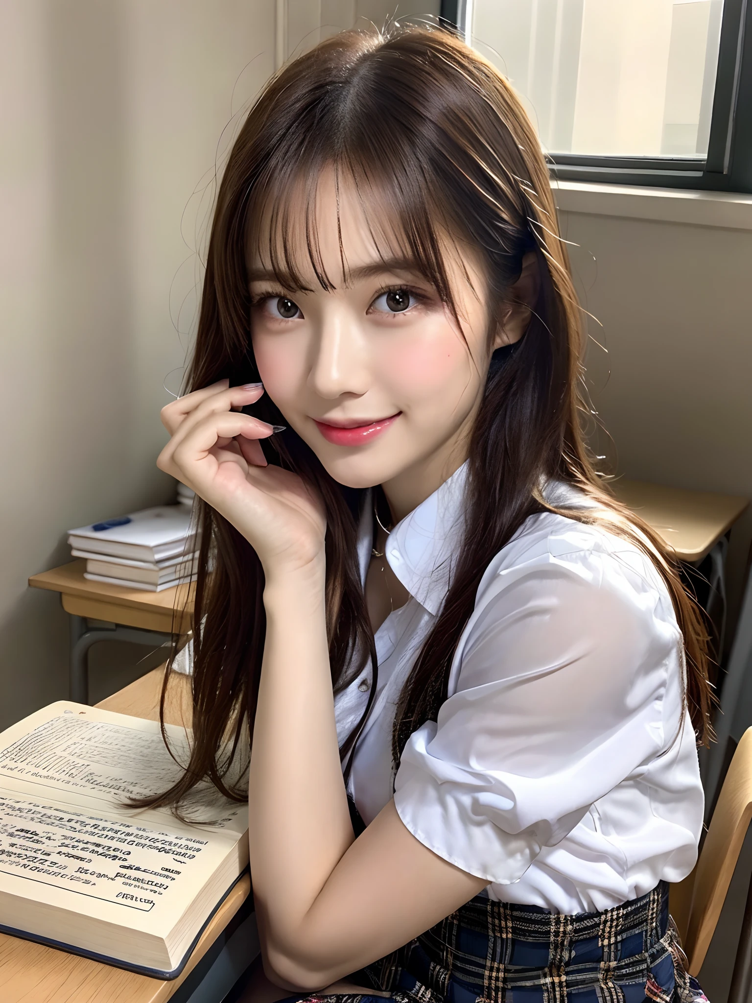 masterpiece, face close up shot, front view, a Japanese young pretty woman, sitting a chair and having a pen with big smile, glamorous figure, wearing a short sleeves white collared shirt with shiny red satin plain bow tie, wearing a blue tartan plaid skirt, absolutely pretty face, glossy lips, double eyelids in both eyes, Natural makeup, long eyelashes, shiny smooth light brown hair of medium length, asymmetrical bangs, tanned skin, alone in the classroom, a textbook and a note on the desk, head frame, central image, 8K resolution, high detail, detailed hairstyle, Detailed Face, spectacular cinematic lighting, octane rendering, vibrant, hyper realistic, perfect limbs, perfect anatomy