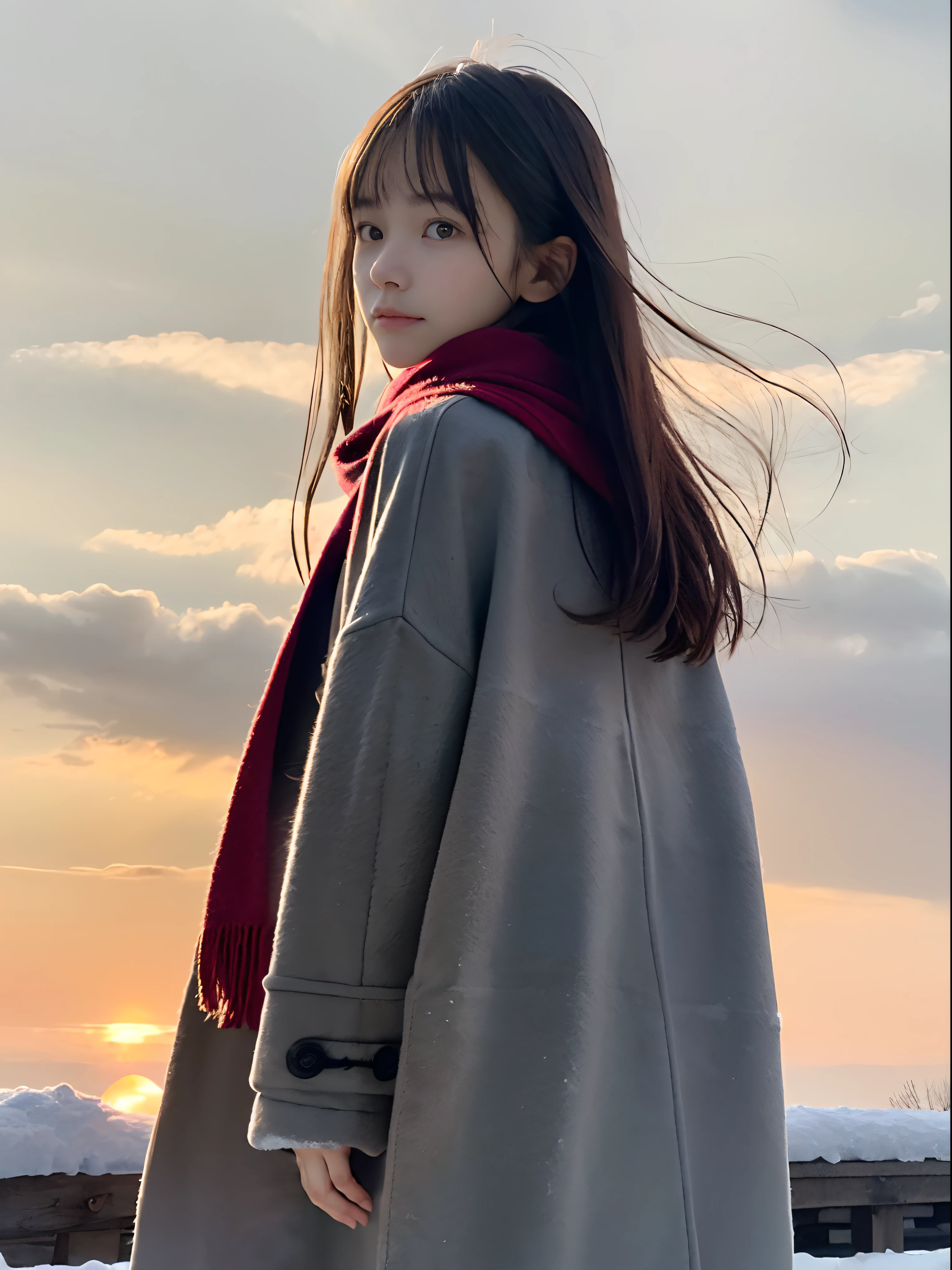 (A close-up portrait from behind of one slender girl has long hair with dull bangs and a scarf coat in winter uniform:1.5)、(One girl turned around with a sad face with hair fluttering in the wind :1.3)、(Beautiful snowy sunset madder red sky:1.5)、(Perfect Anatomy:1.3)、(No mask:1.3)、(complete fingers:1.3)、Photorealistic、Photography、masutepiece、top-quality、High resolution, delicate and pretty、face perfect、Beautiful detailed eyes、Fair skin、Real Human Skin、pores、((thin legs))、(Dark hair)
