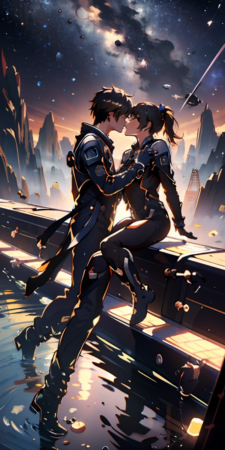 Absurd resolution, high resolution, (masterpiece:1.4), ultra-detailed, 1girl and 1boy kissing, in a spacesuit, seen from above, space, floating, satellite, outer space operation, wide-angle lens distortion