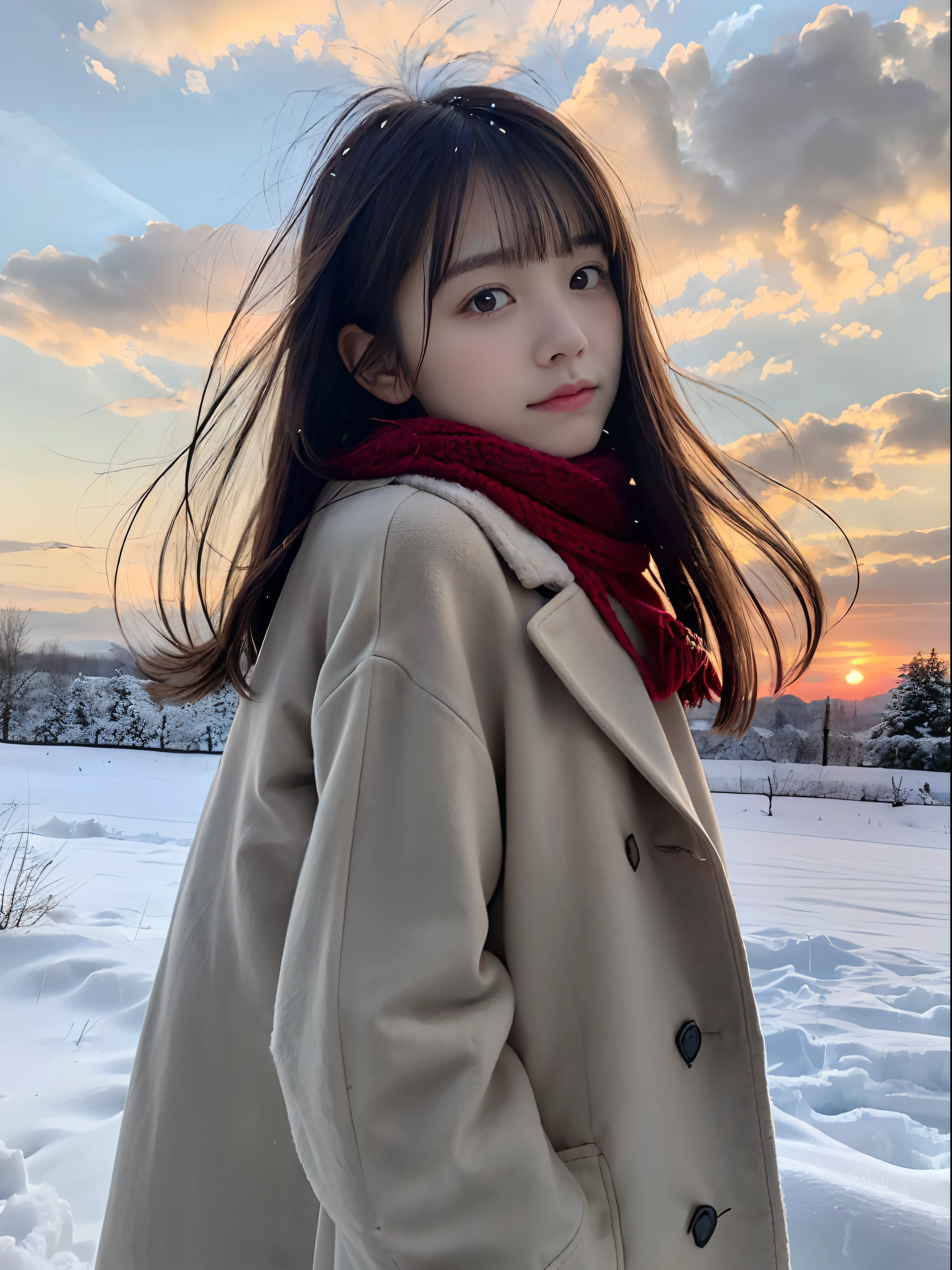 (A close-up portrait from behind of one slender girl has long hair with dull bangs and a scarf coat in winter uniform:1.5)、(One girl turned around with a sad face with hair fluttering in the wind :1.3)、(Beautiful snowy sunset all red sky:1.5)、(Perfect Anatomy:1.3)、(No mask:1.3)、(complete fingers:1.3)、Photorealistic、Photography、masutepiece、top-quality、High resolution, delicate and pretty、face perfect、Beautiful detailed eyes、Fair skin、Real Human Skin、pores、((thin legs))、(Dark hair)