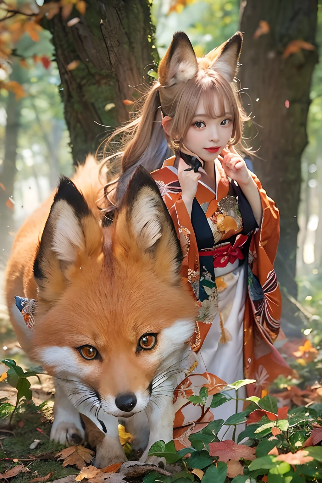 Two-shot photo of a girl and a fox,(Fantasia,Kitsune Yokai Four-Tailed Heavenly Fox,),(Girl and Fox Yokai: The Tale of the Four-Tailed Heavenly Fox),
(With a girl bent down deep in the forest and looking up,Fox Yokai Two-shot movie of a fox protecting a girl's back Poster of the four-tailed heavenly fox),
(natural soft light.)(Sunlight,),(Sunlight,),(Professional Lighting.),
(glossy light brown and orange two-tone color,,Wave Shortcut Hair,disheveled hair,),japanese kimono,Geta,Cute round face red lipstick,A cute smile that makes the viewer happy,
autumn forest,Strong wind soaring over dead leaves
Digital Illustration,
(Photorealsitic:1.3),(Raw photo.),
(masutepiece,top-quality,Ultra-high resolution output image,)
(The 8k quality,),(Image Mode Ultra HD,),(Image Mode Ultra HD,),(Sea Art 2.1:1.3,),Japan Anime Fantasy,