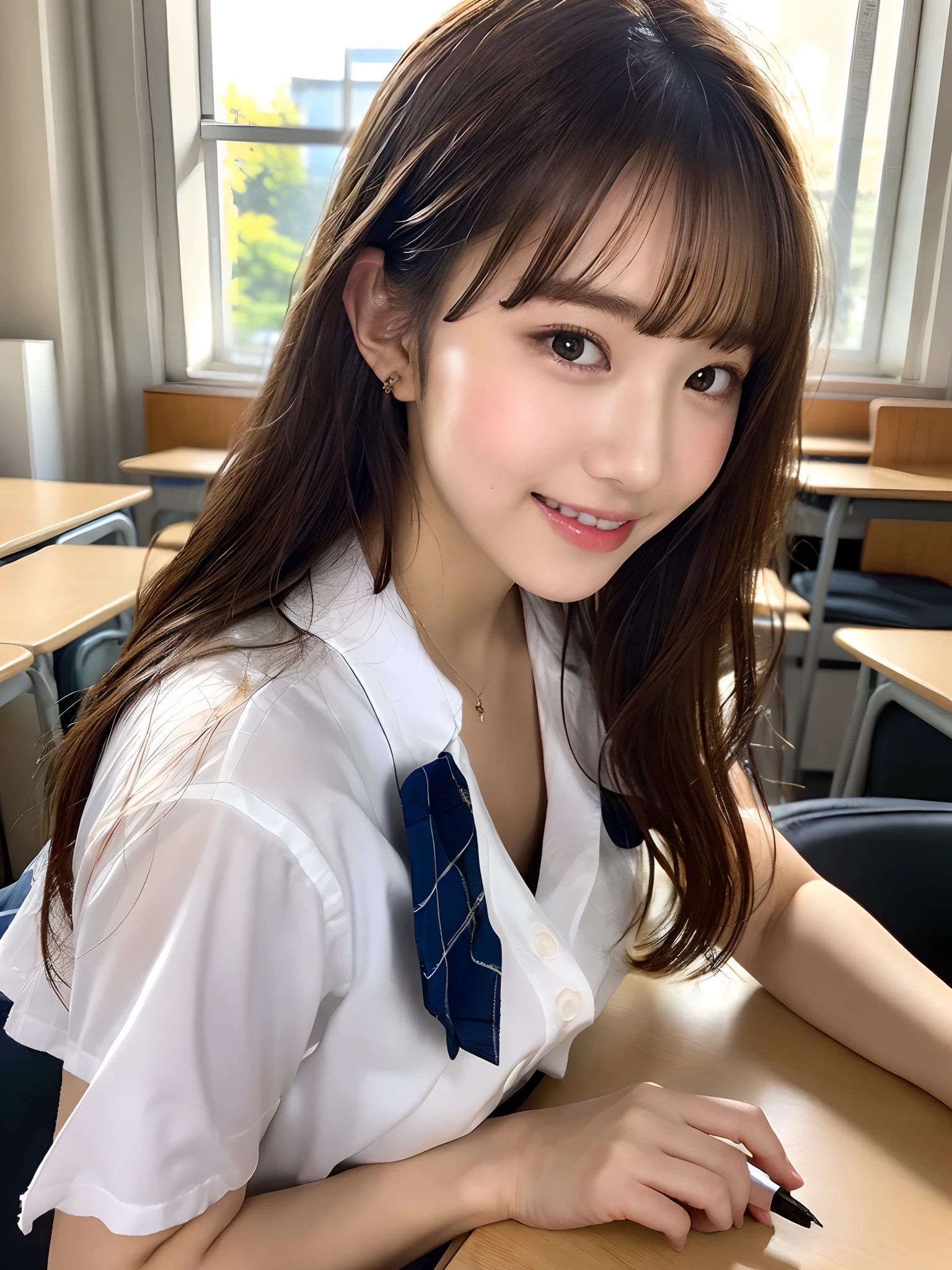 masterpiece, face close up shot, front view, a Japanese young pretty woman, sitting a chair and having a pen with big smile, glamorous figure, wearing a short sleeves white collared shirt with shiny red satin plain bow tie, wearing a blue tartan plaid skirt, absolutely pretty face, glossy lips, double eyelids in both eyes, Natural makeup, long eyelashes, shiny smooth light brown hair of medium length, asymmetrical bangs, tanned skin, alone in the classroom, a textbook and a note on the desk, head frame, central image, 8K resolution, high detail, detailed hairstyle, Detailed Face, spectacular cinematic lighting, octane rendering, vibrant, hyper realistic, perfect limbs, perfect anatomy