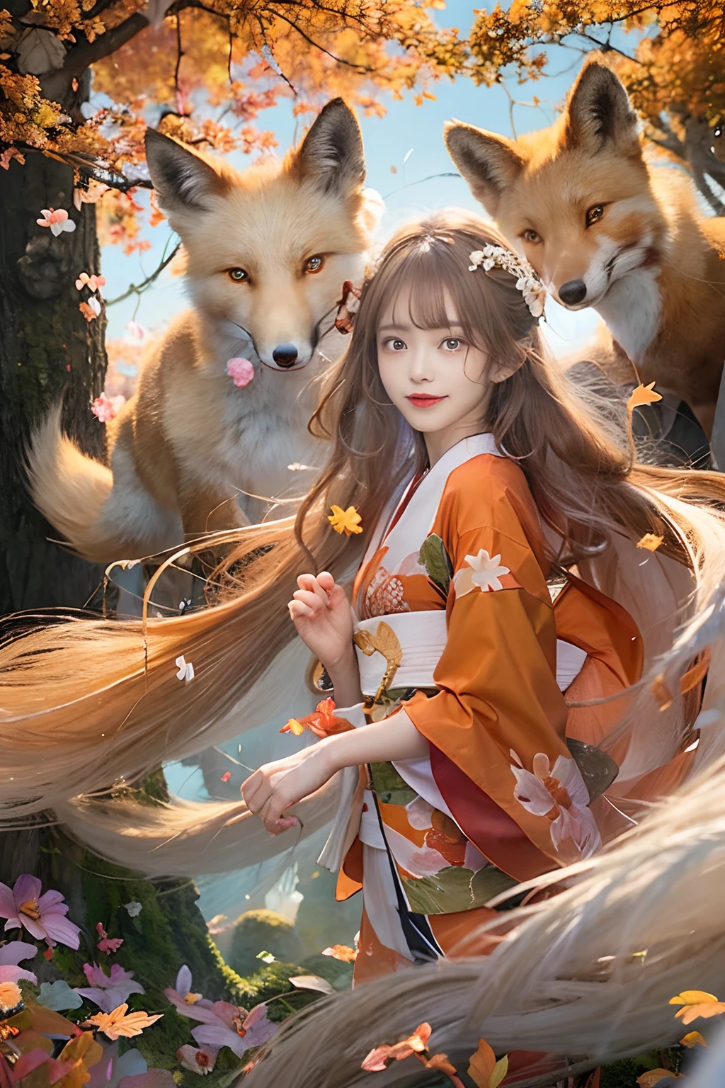 Two-shot photo of a girl and a fox,(Fantasia,Kitsune Yokai Four-Tailed Heavenly Fox,),(Girl and Fox Yokai: The Tale of the Four-Tailed Heavenly Fox),
(With a girl bent down deep in the forest and looking up,Fox Yokai Two-shot movie of a fox protecting a girl's back Poster of the four-tailed heavenly fox),
(natural soft light.)(Sunlight,),(Sunlight,),(Professional Lighting.),
(glossy light brown and orange two-tone color,,Wave Shortcut Hair,disheveled hair,),japanese kimono,Geta,Cute round face red lipstick,A cute smile that makes the viewer happy,
autumn forest,Strong wind soaring over dead leaves
Digital Illustration,
(Photorealsitic:1.3),(Raw photo.),
(masutepiece,top-quality,Ultra-high resolution output image,)
(The 8k quality,),(Image Mode Ultra HD,),(Image Mode Ultra HD,),(Sea Art 2.1:1.3,),Japan Anime Fantasy,