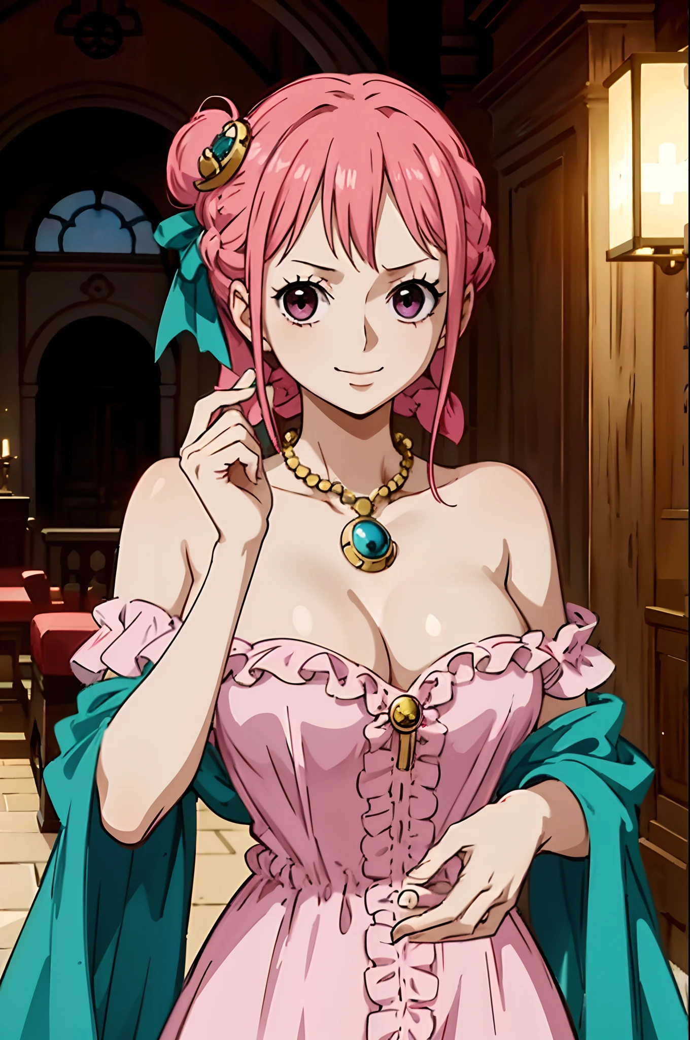 (masterpiece), Rebecca_onepiece, one-girl, little breast, noble clothes, ((beautiful face)), (off shoulder: 1.2), looking at viewer, smile, blush, cute pose, indoor, standing, upper body