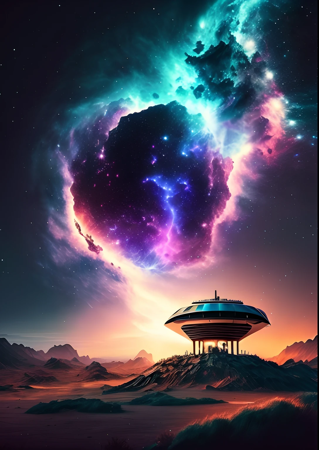 dreamlikeart, galaxy, outer space, nebula, star, [cyberpunked] Building from the Stars. (star:1.5),